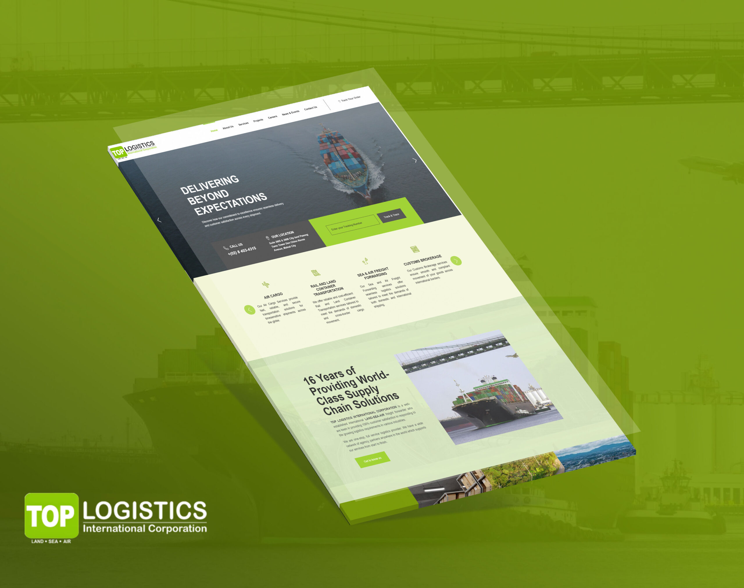 An angled mockup of the Top Logistics International Corporation website on a green background.