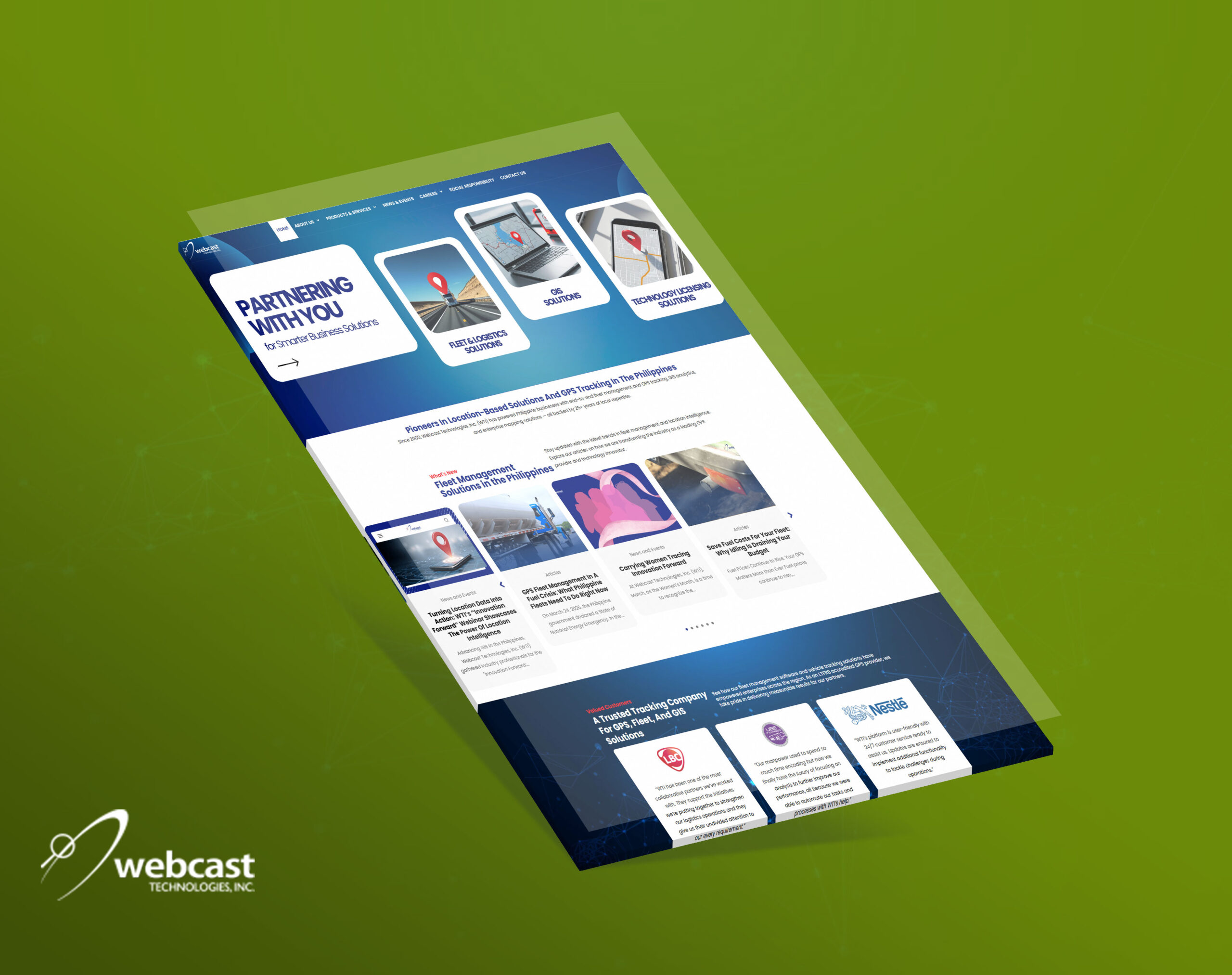 A slanted mockup of the Webcast Technologies website homepage, showcasing their location-based solutions, fleet management services, and GPS tracking offerings against a solid green background.