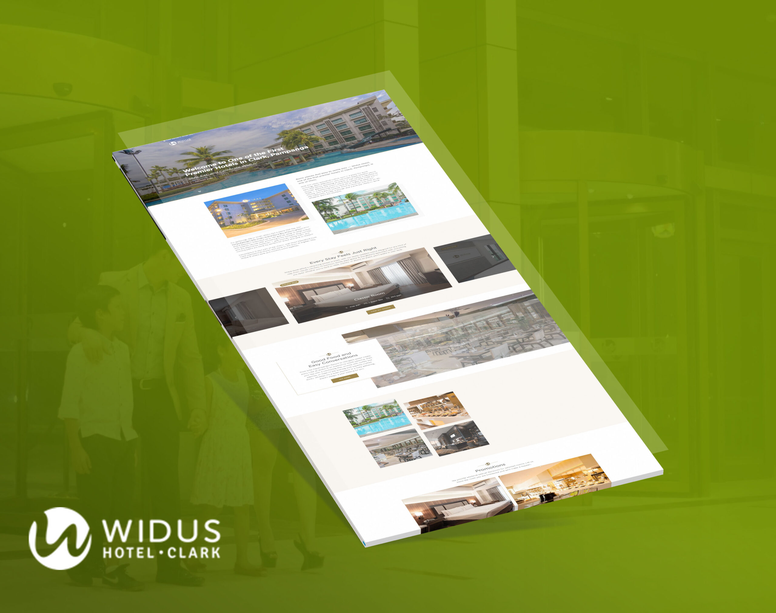 An angled screenshot of the Widus Hotel website homepage displayed against a blurred green background.
