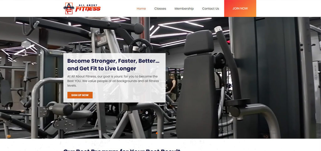 Screenshot of the All About Fitness website homepage featuring gym equipment and the tagline Become Stronger, Faster, Better.