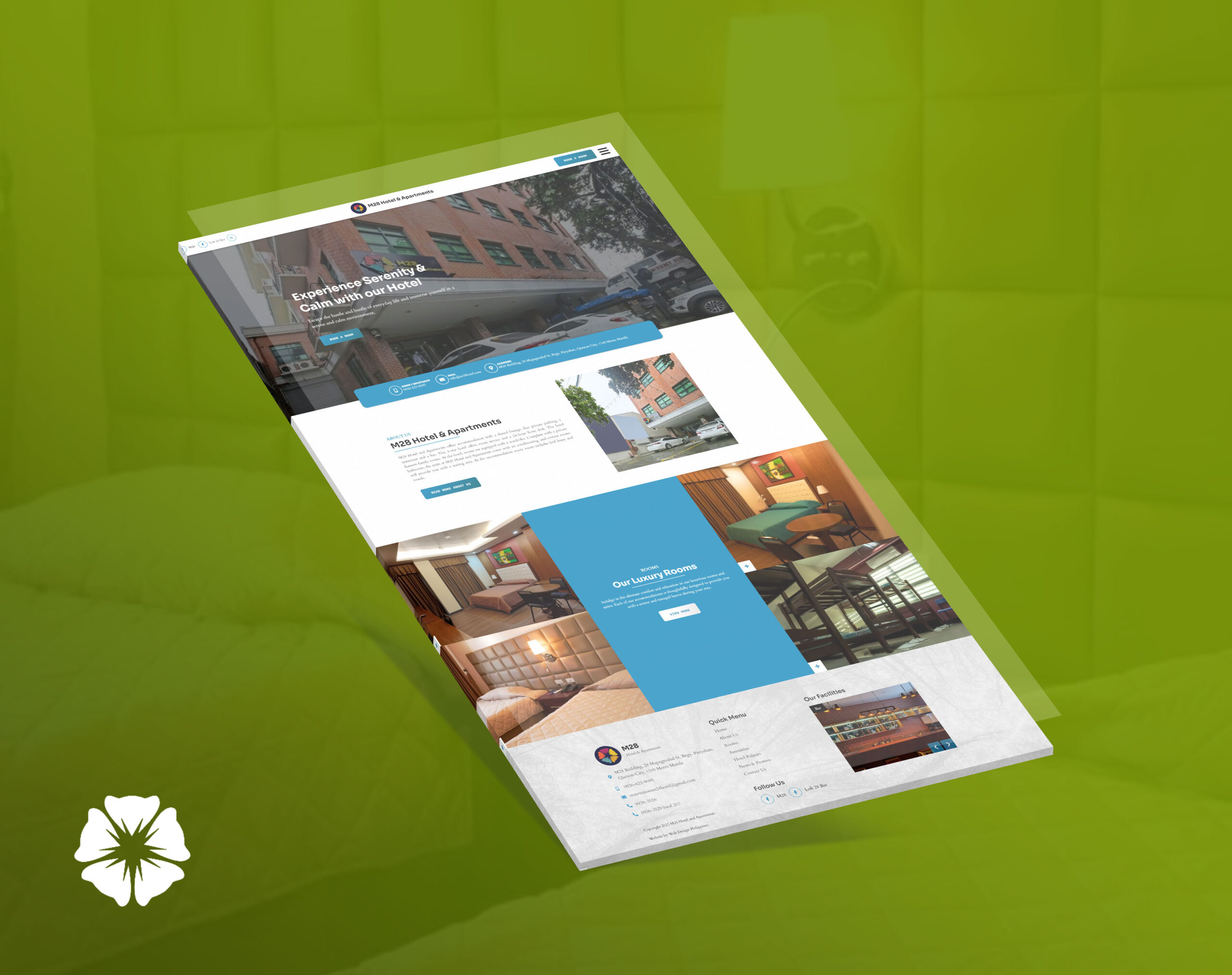 A 3D angled mockup of the M28 Hotel and Apartments website displayed against a textured green background.