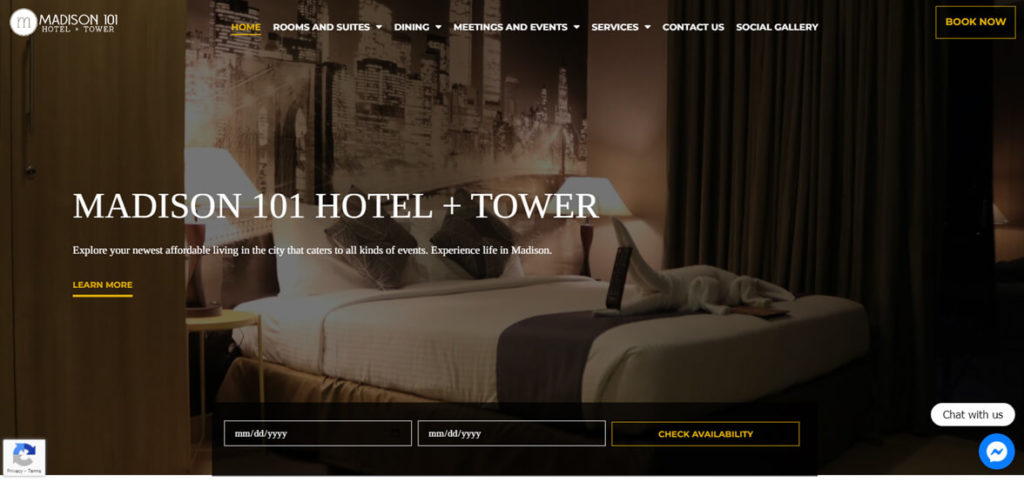 Screenshot of the Madison 101 Hotel and Tower website homepage, featuring a hotel room background, top navigation menu, and a "Book Now" button.