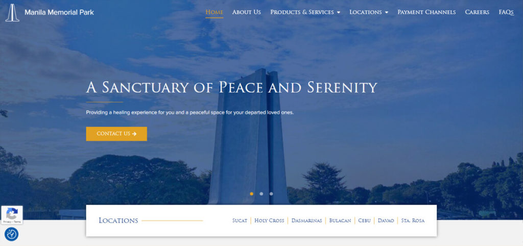 Homepage of the Manila Memorial Park website, featuring a blue-toned background, a prominent monument, the tagline A Sanctuary of Peace and Serenity, and a top navigation menu.