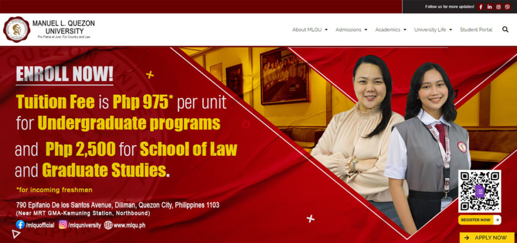 Website homepage of Manuel L. Quezon University, featuring enrollment info, tuition rates, and two smiling students.