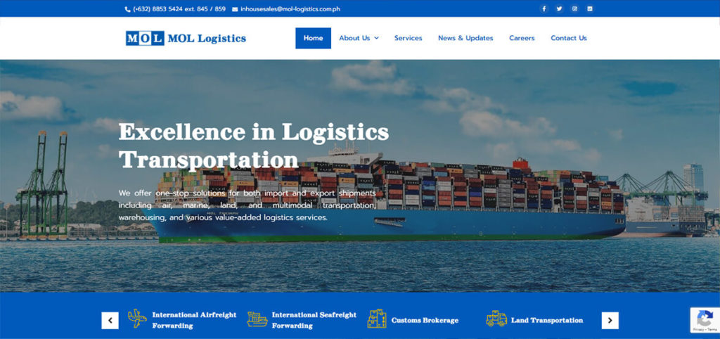 MOL Logistics website homepage showcasing a cargo ship at sea with text about excellence in logistics transportation and navigation links above.