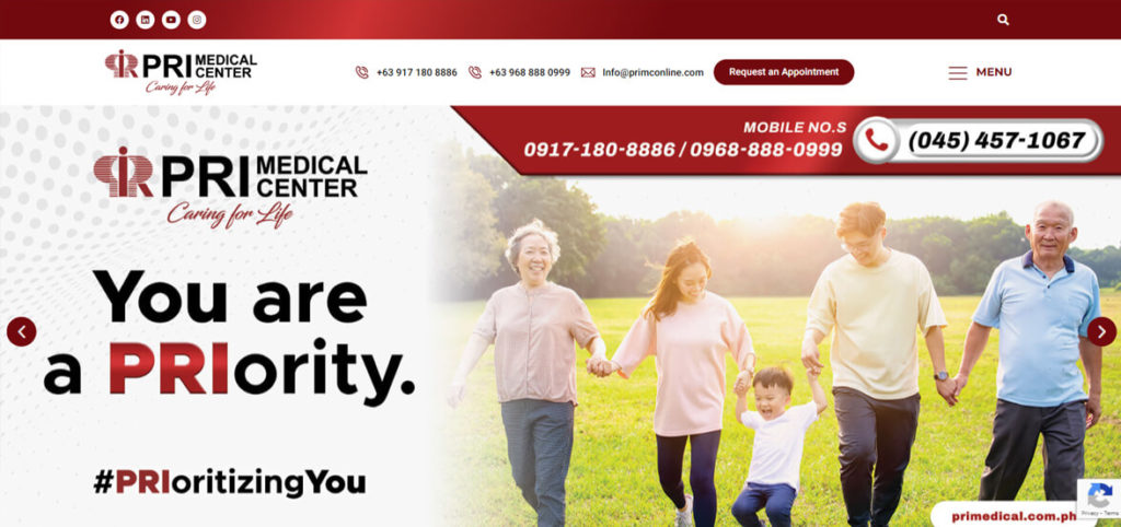 Screenshot of the PRI Medical Center website homepage, featuring the slogan "You are a PRIority" and a multi-generational family walking in a park.