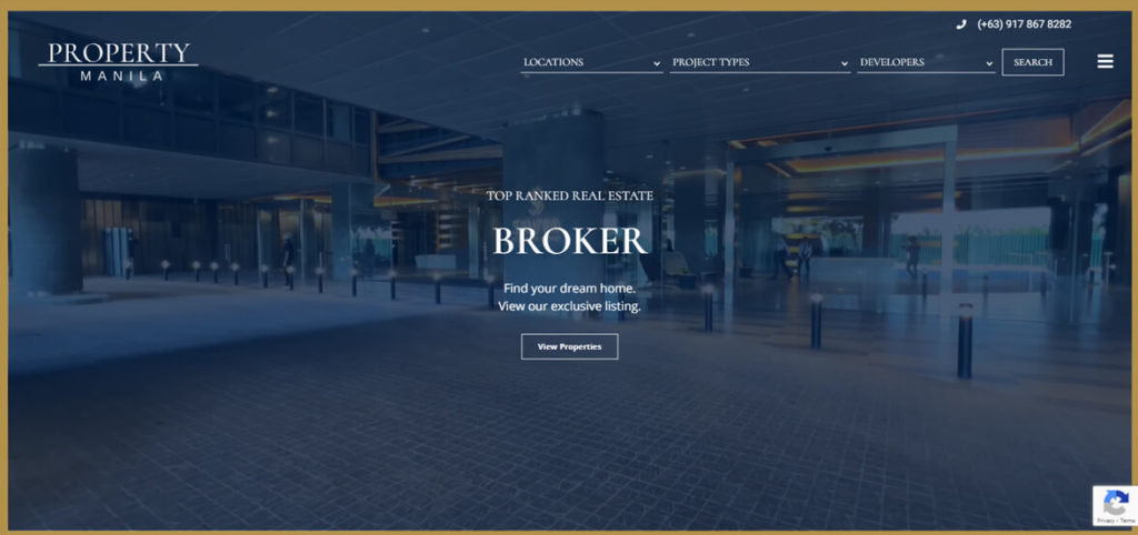 A screenshot of the Property Manila website, showing its homepage featuring the words "Top Ranked Real Estate Broker" over a dimly lit image of a building exterior, with navigation links at the top.