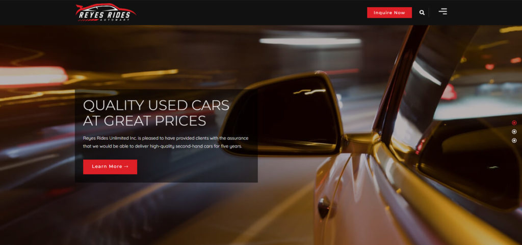 Website screenshot for Reyes Rides showing a header with the tagline Quality Used Cars at Great Prices, a background of a car driving at night, and a Learn More button.