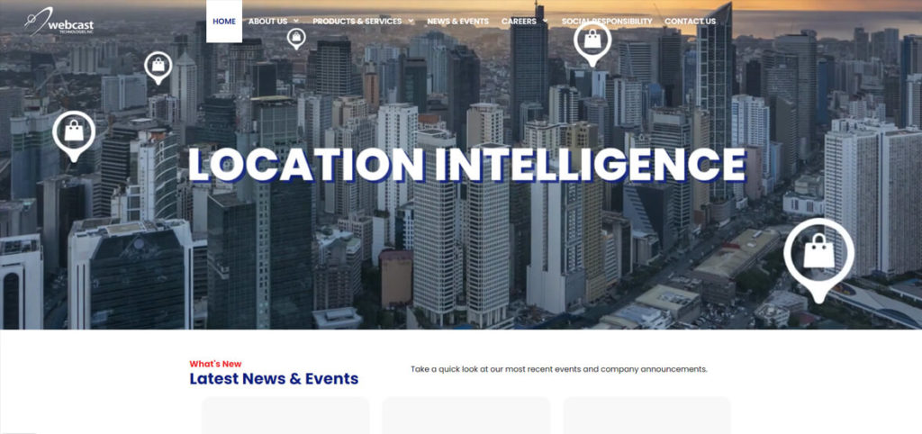 Screenshot of the Webcast Technologies Inc. website featuring a city skyline background, the text "Location Intelligence," and location pin icons.