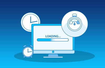 Illustration of a computer monitor displaying a loading bar, surrounded by icons of a clock and a stopwatch representing website loading time.