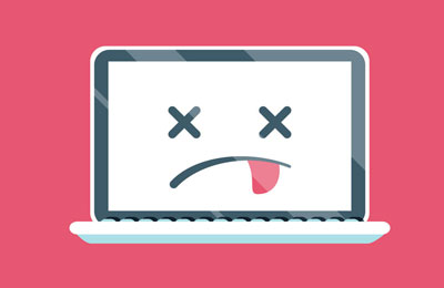 A cartoon laptop set against a pink background has a dead, cross-eyed expression with its tongue sticking out.