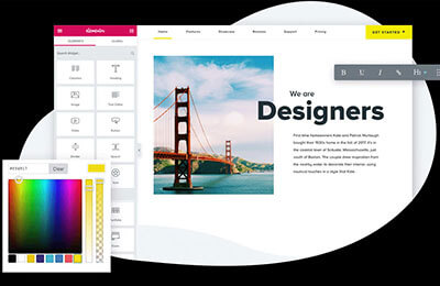 A screenshot of the Elementor WordPress page builder interface showing a webpage design with the Golden Gate Bridge, a sidebar with widgets, and an open color picker.