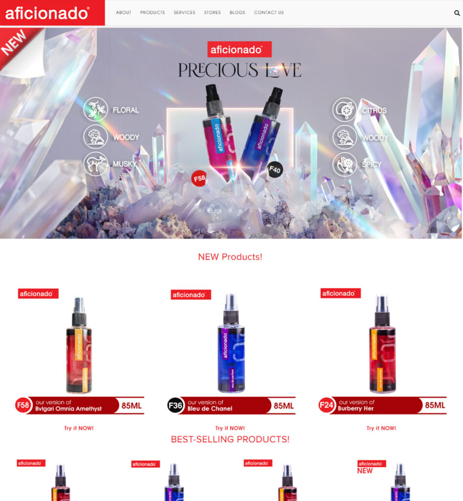 Aficionado website screenshot showing "Precious Love" perfume promotion with crystal graphics, scent notes, and new product listings.