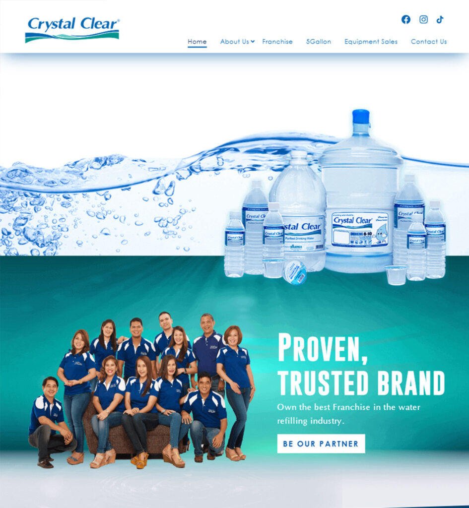Website screenshot for Crystal Clear, featuring water bottle products above a group of 11 smiling employees and the text "Proven, Trusted Brand" with a "Be Our Partner" call to action.