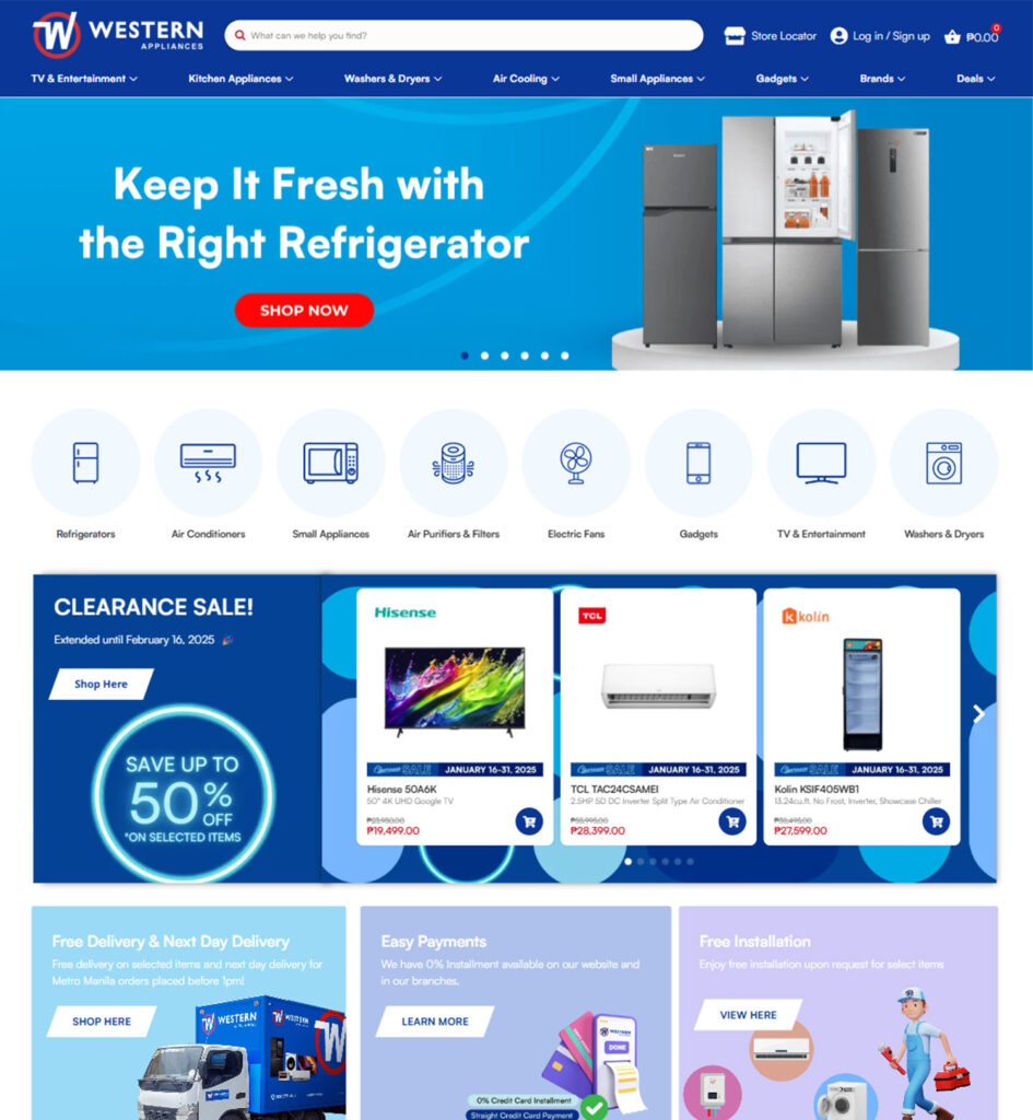 A homepage screenshot of Western Appliances showcasing refrigerators, air conditioners, and TVs on sale, with navigation menus at the top and clearance items listed below.