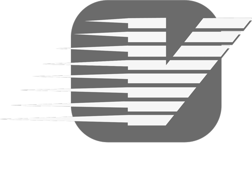 A gray rounded square logo features a stylized white letter V with horizontal motion lines trailing to the left.