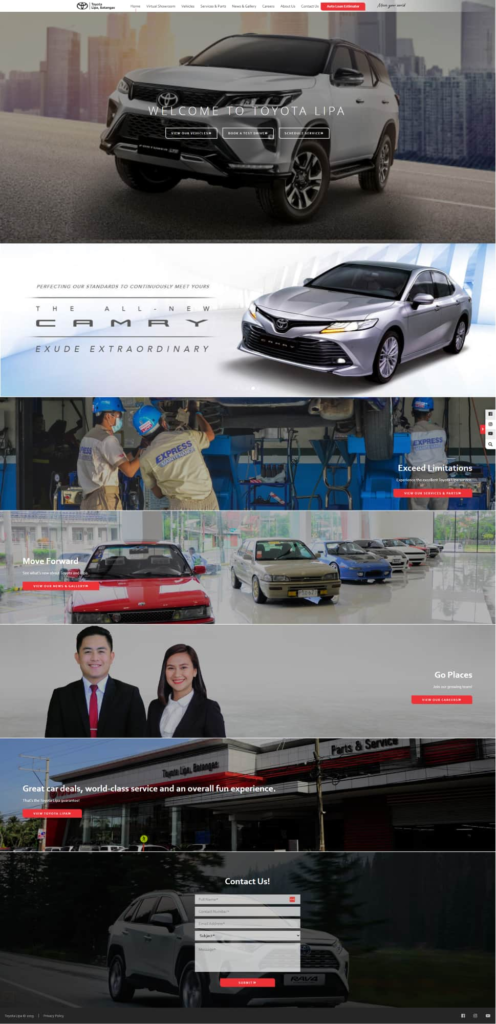 Screenshot of the Toyota Lipa homepage showing various vehicles, services, and a contact form.