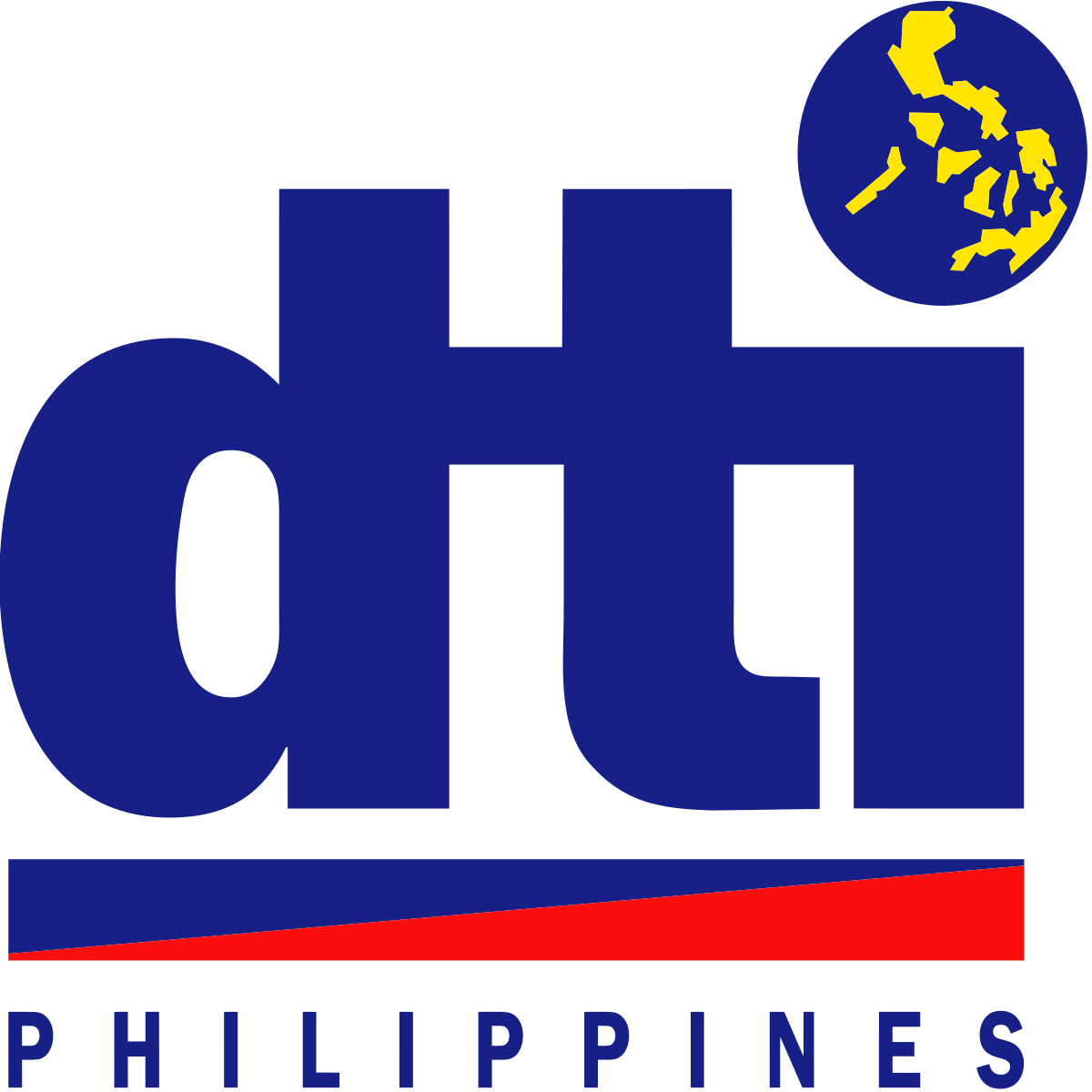 The logo of the Department of Trade and Industry (DTI) of the Philippines, featuring the lowercase letters "dti" in blue, with a yellow map of the Philippines inside a blue circle above the letter "i", a blue and red stripe below the letters, and the word "PHILIPPINES" in blue at the bottom.