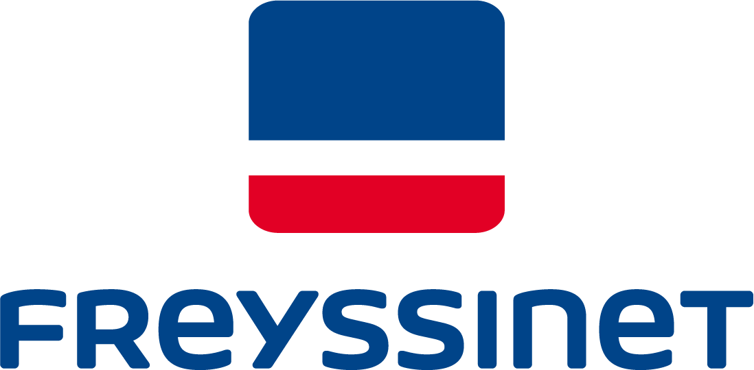 The Freyssinet logo features a blue and red symbol above the blue text "FREYSSINET" against a black background.