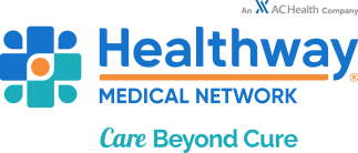 Healthway Medical Network logo featuring a medical cross made of rounded blue and teal shapes with an orange circle, followed by the text Healthway Medical Network and the tagline Care Beyond Cure.