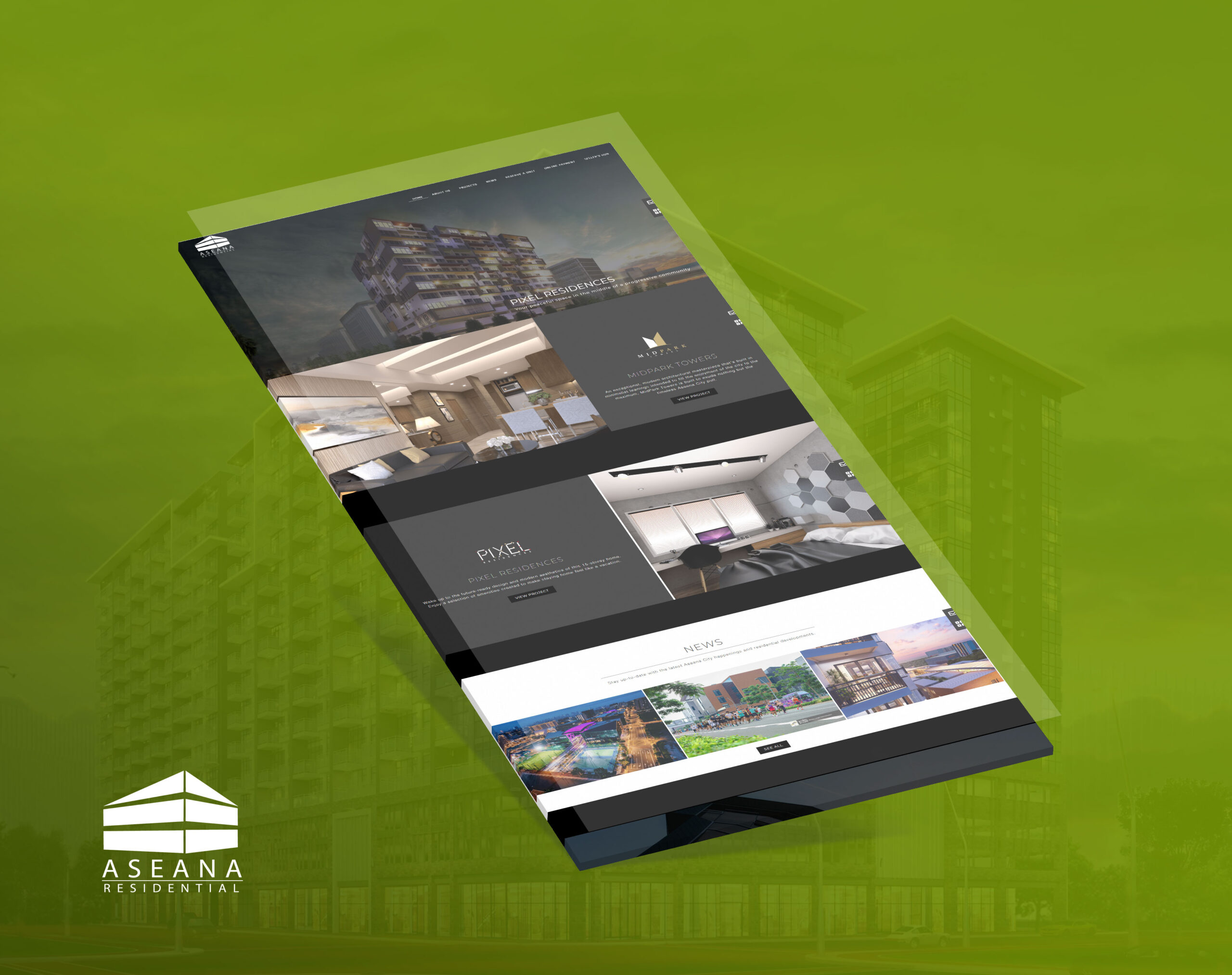 A tilted mockup of the Aseana Residential website showing property listings, including Pixel Residences and Midpark Towers, against a green background.
