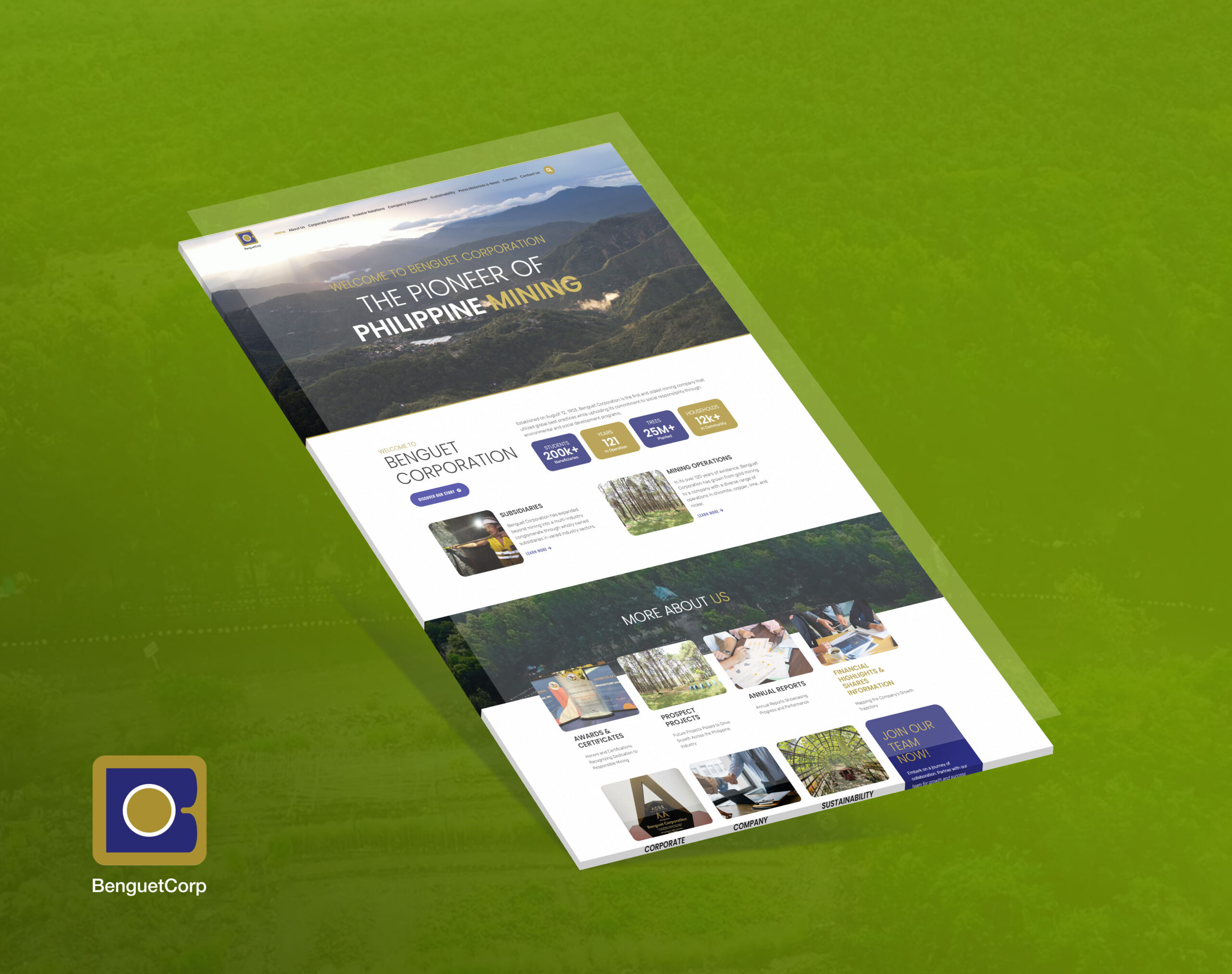 A mockup of the Benguet Corporation website on a green background, showing the homepage with the tagline The Pioneer of Philippine Mining, stats, and sections for subsidiaries, awards, projects, and reports.