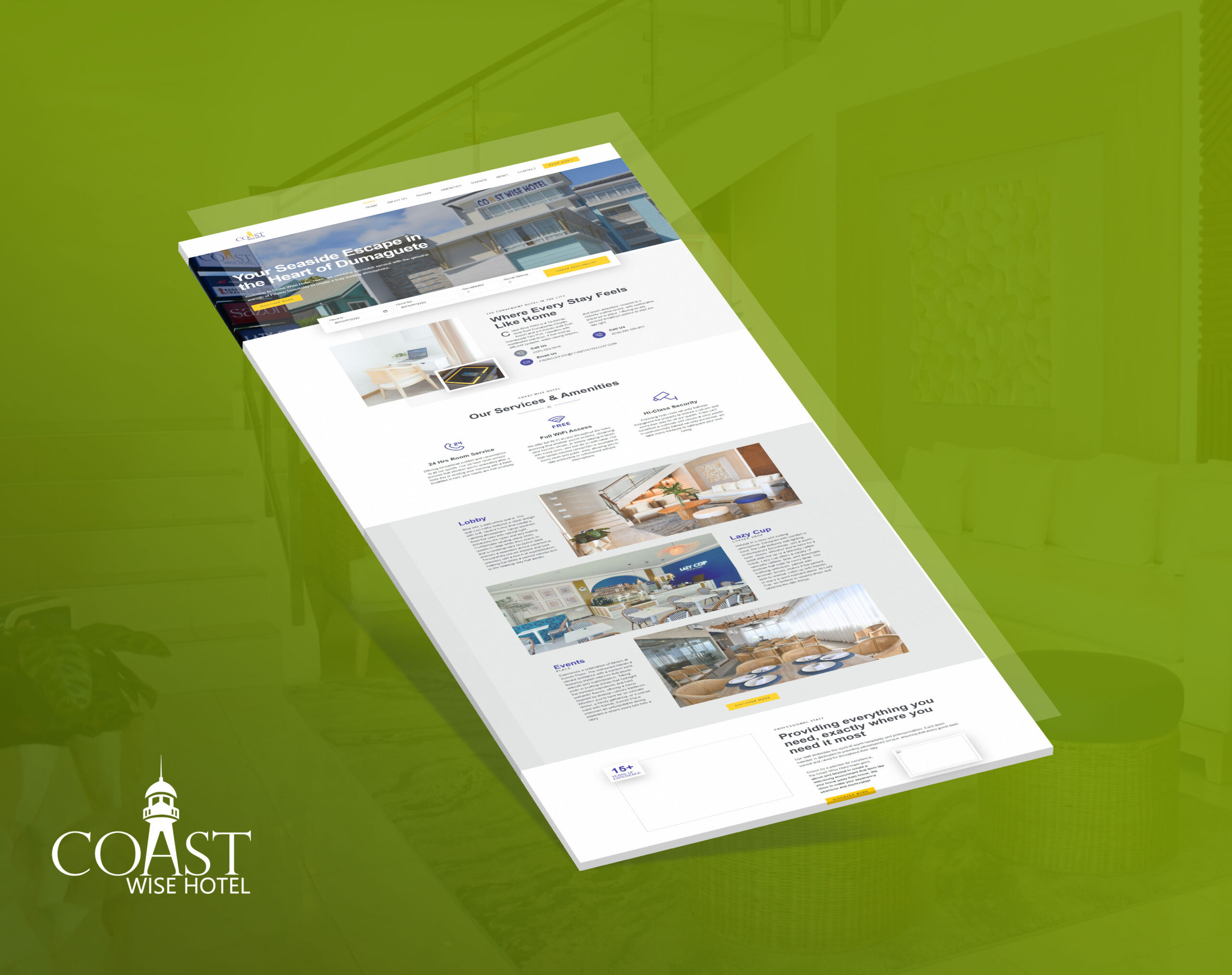 A webpage mockup for Coast Wise Hotel, displayed at an angle against a green background, featuring sections for services, amenities, lobby, and events.