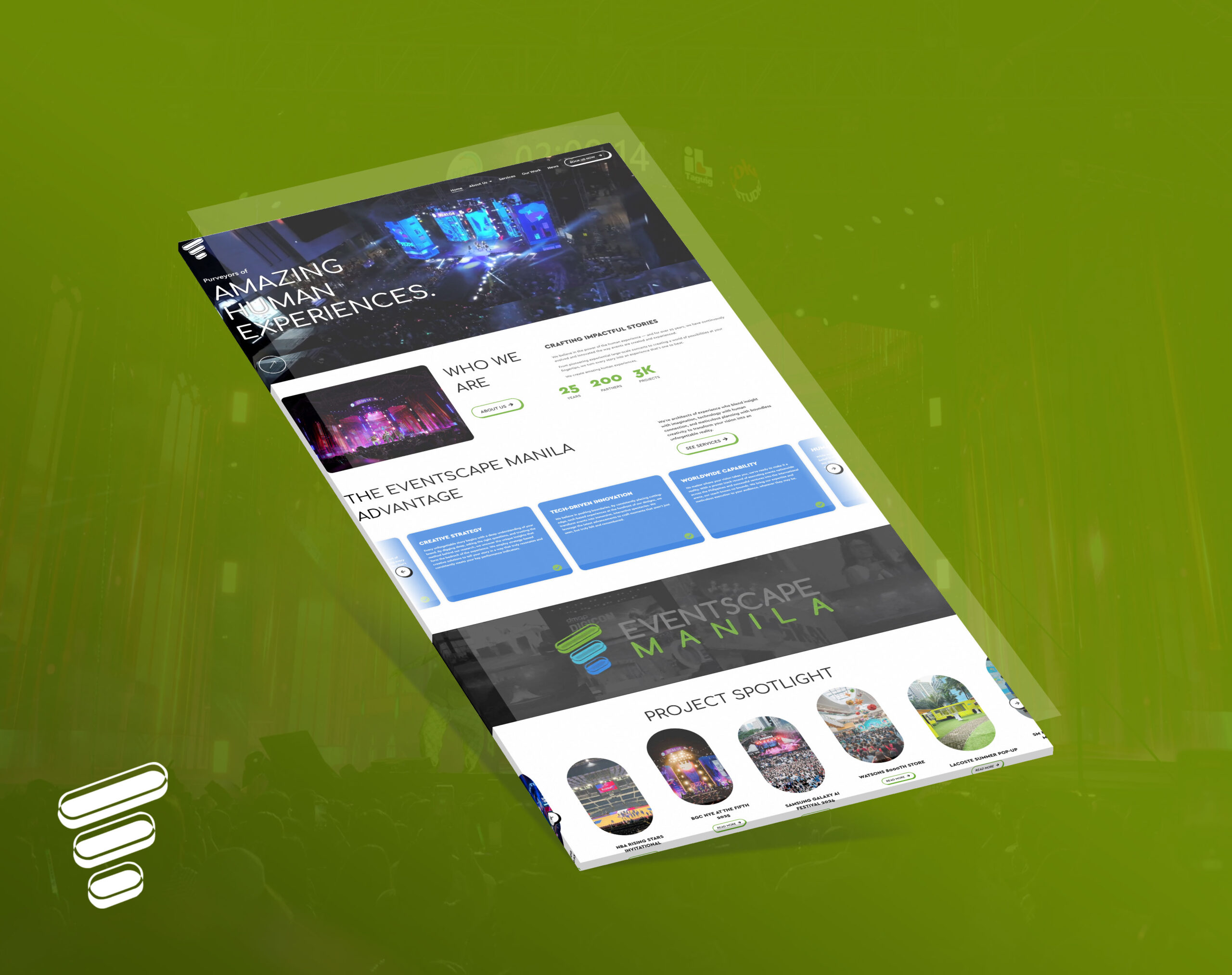 A mockup of a website for Eventscape Manila, featuring a modern, green, and dark layout on a lime green background.