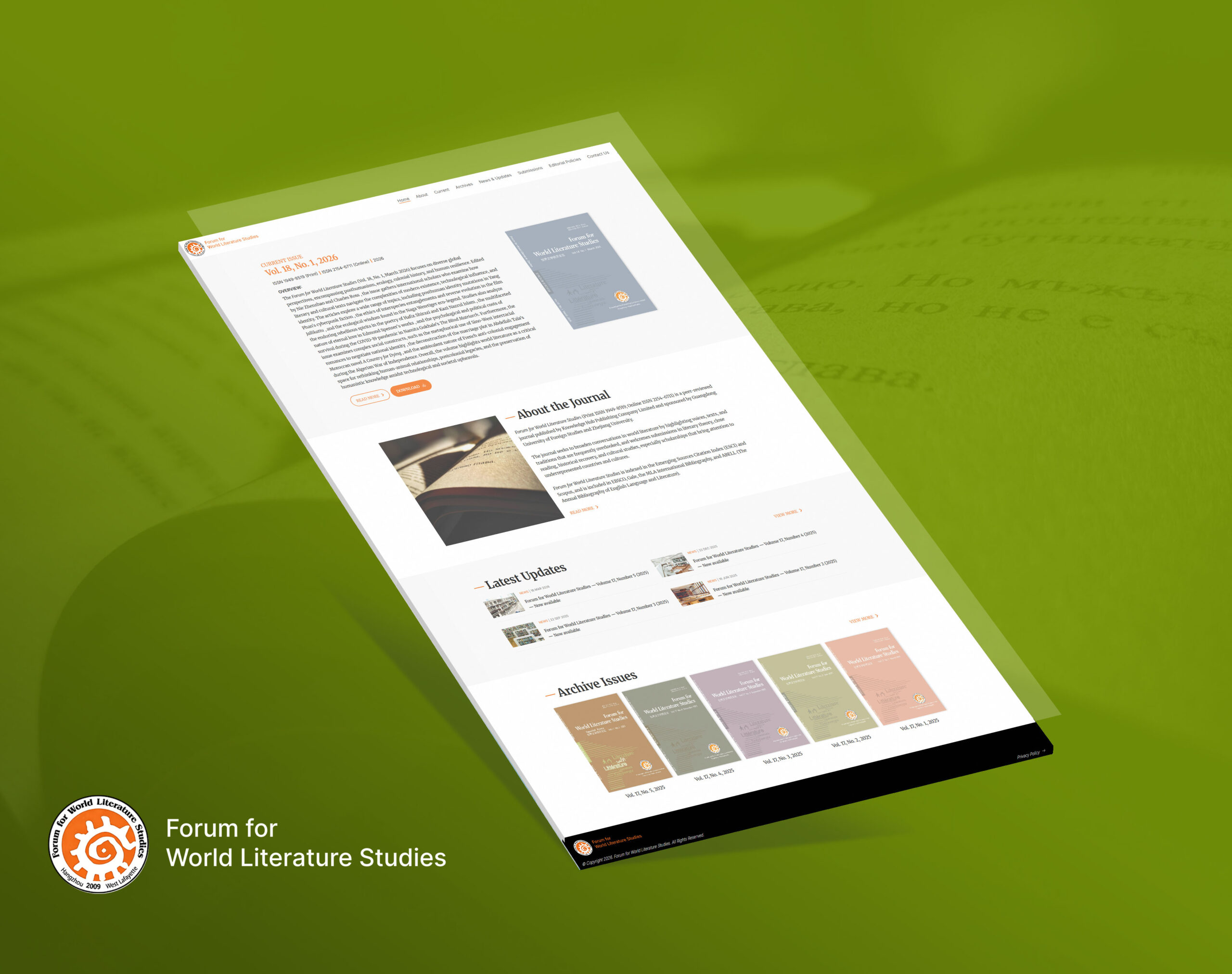 A webpage for the "Forum for World Literature Studies" displayed against a green background with Cyrillic text.