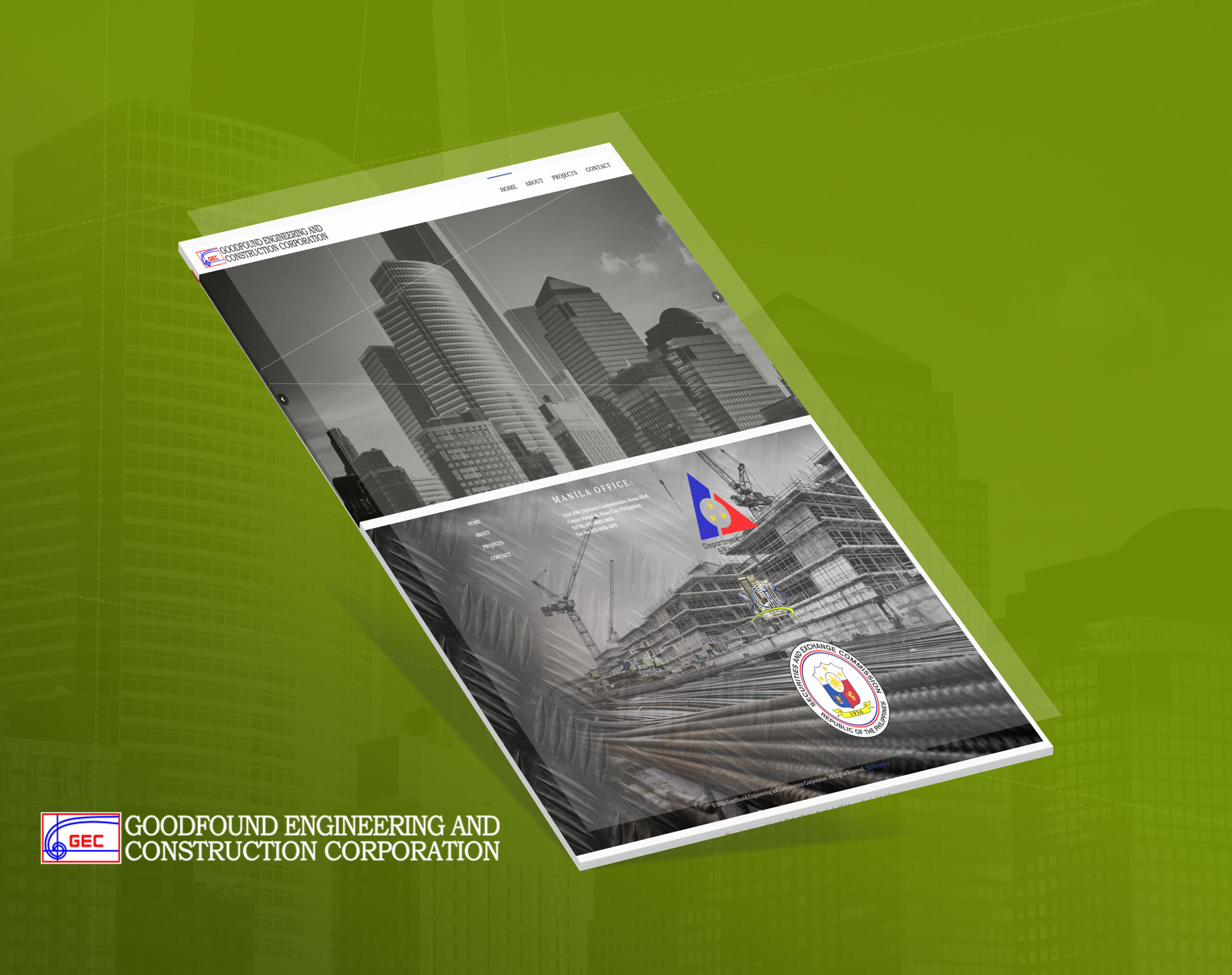 A tilted mockup shows the Goodfound Engineering and Construction Corporation (GEC) website against a green background, featuring a cityscape banner and contact information.