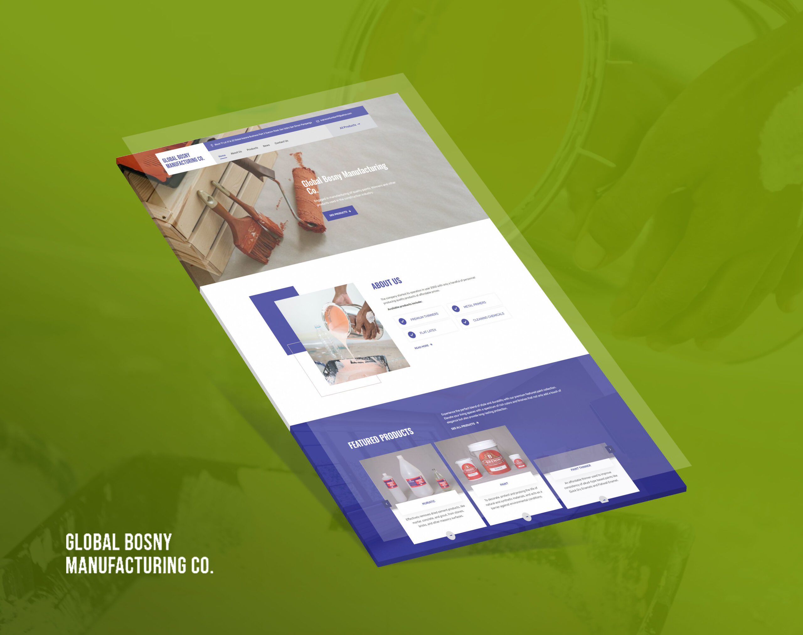 A mockup of a website for Global Bosny Manufacturing Co. shown against a lime green background.