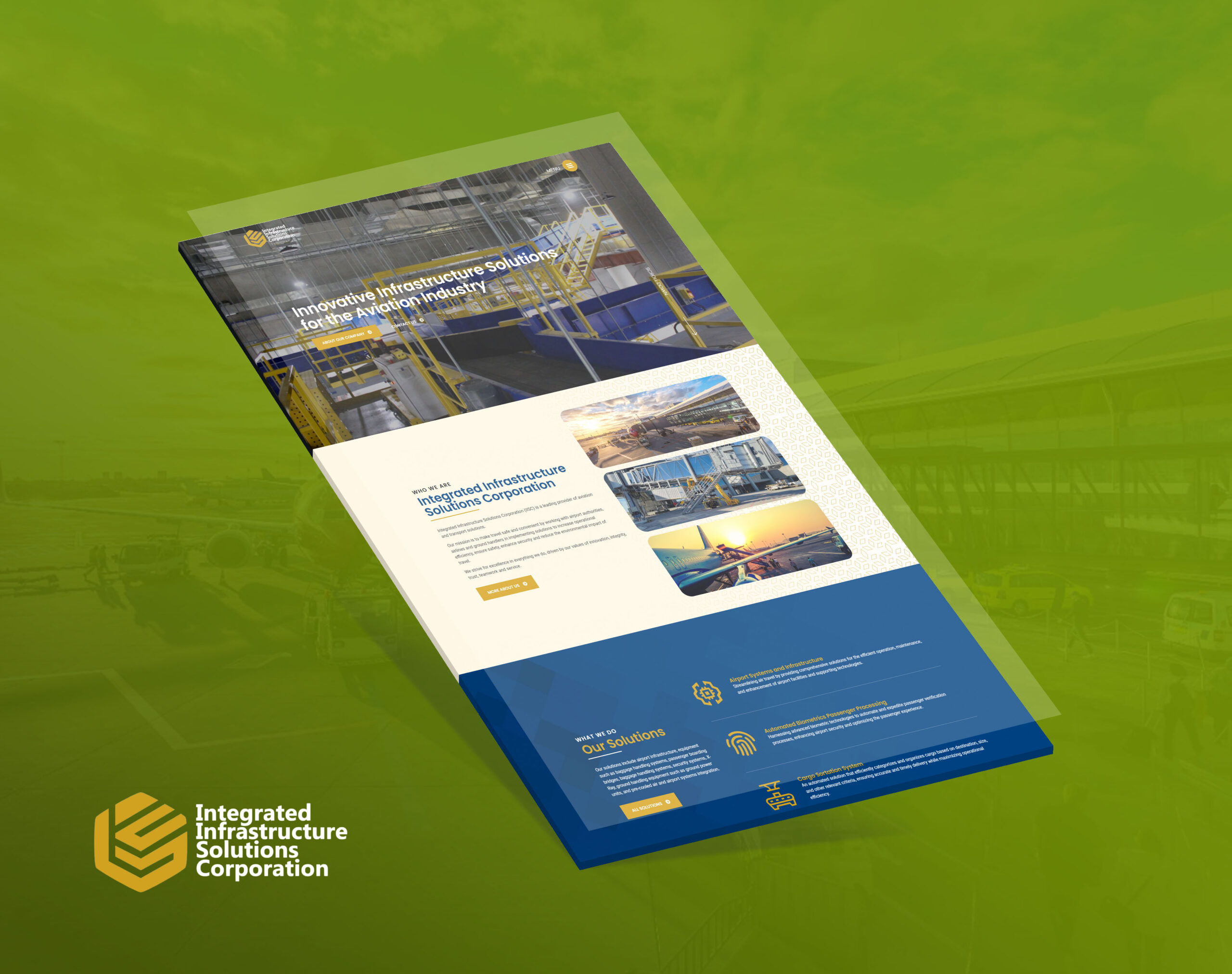 A mockup of the Integrated Infrastructure Solutions Corporation website displayed on a green gradient background with the company logo in the lower left.
