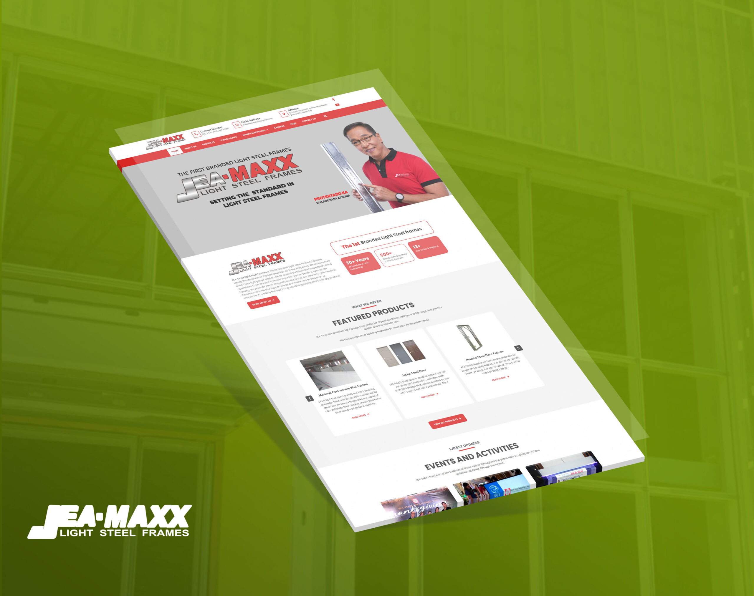 A screenshot of the JEAMAXX light steel frames website displayed at an angle against a green background, showcasing the homepage with featured products and company information.