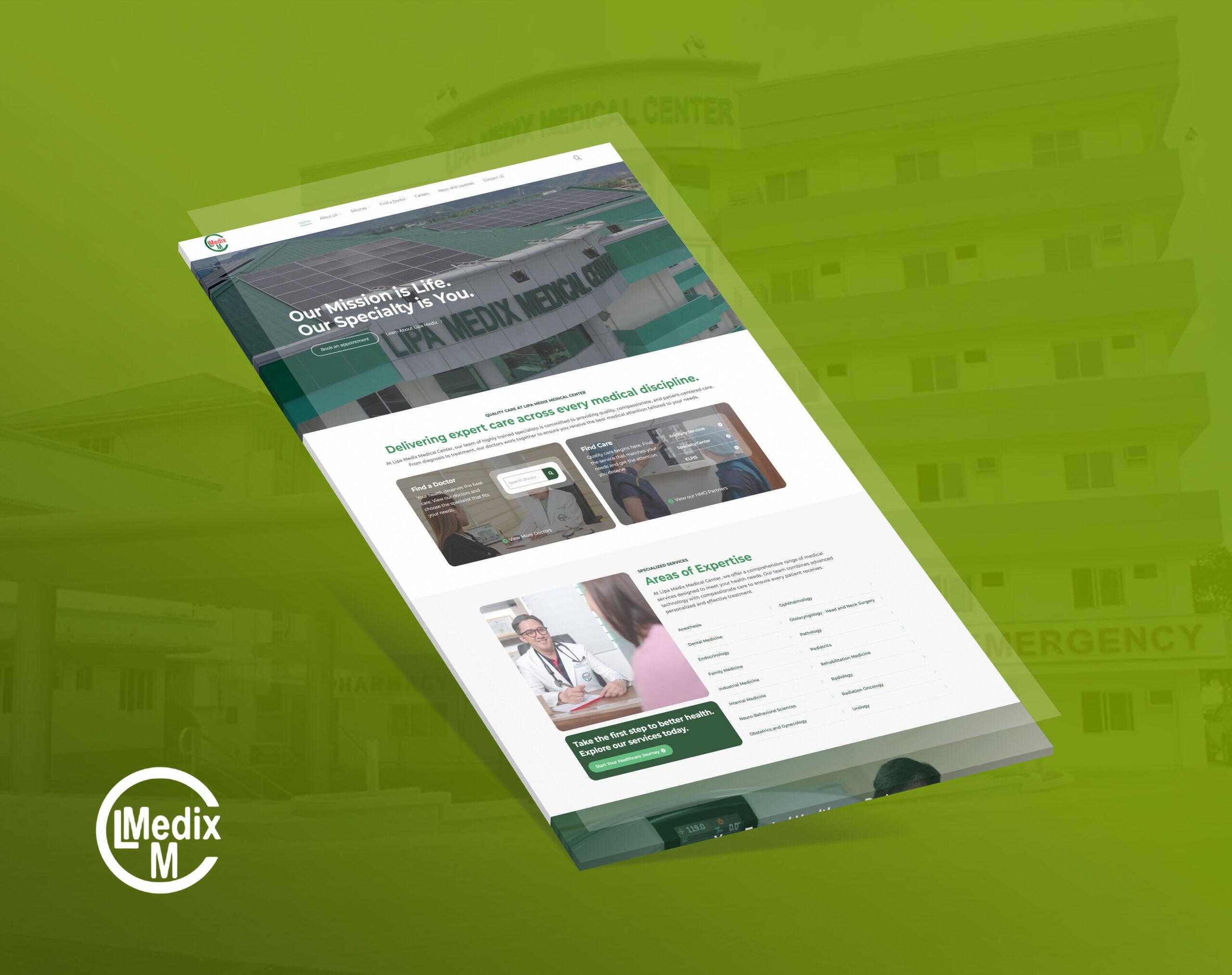 A screenshot of the homepage for Lipa Medix Medical Center, displayed at an angle against a green hospital background, with the company logo in the bottom left corner.