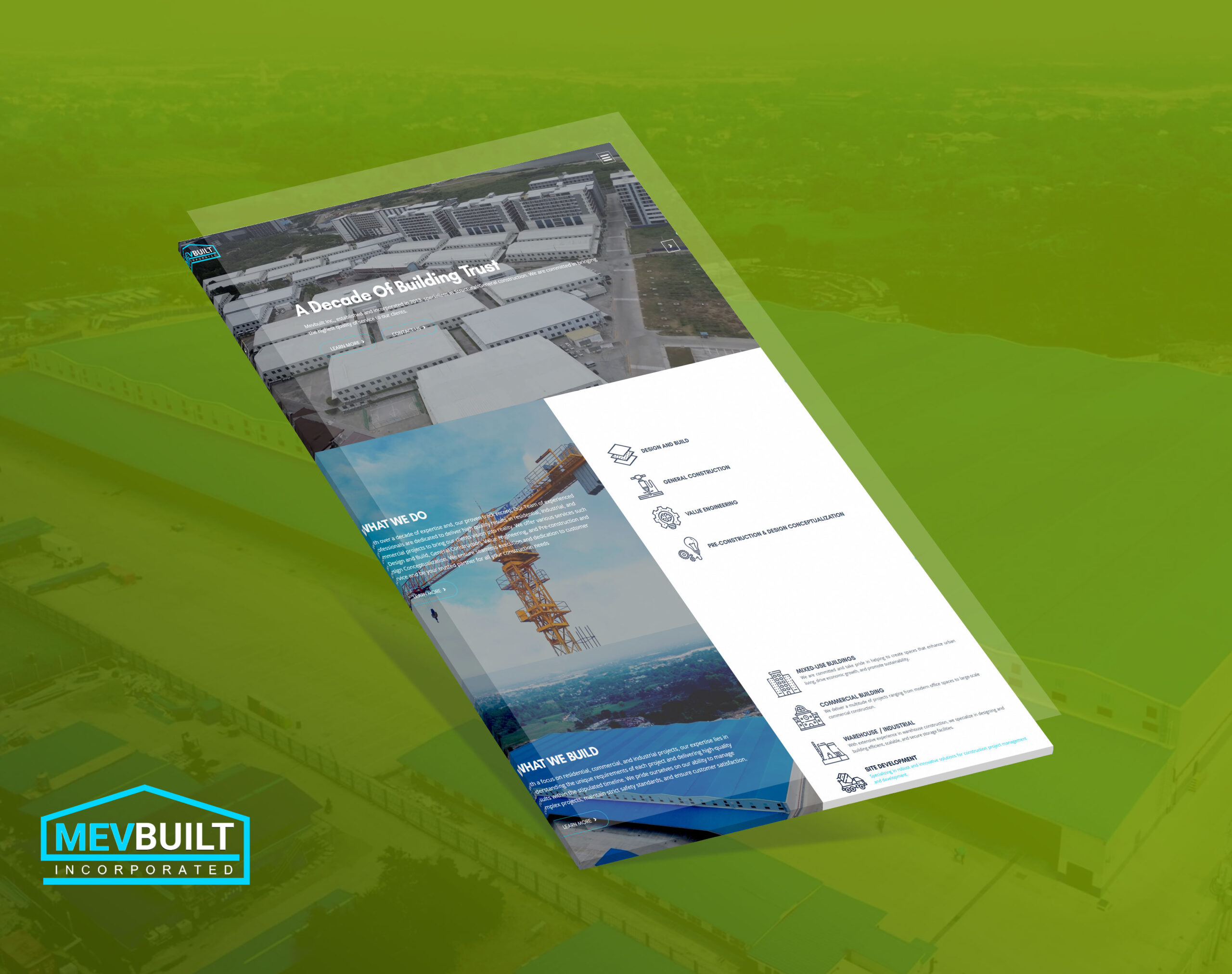 A mockup of the MEVBUILT Incorporated website displayed on a tablet against a green background, showcasing its homepage design featuring aerial views, services, and construction projects.