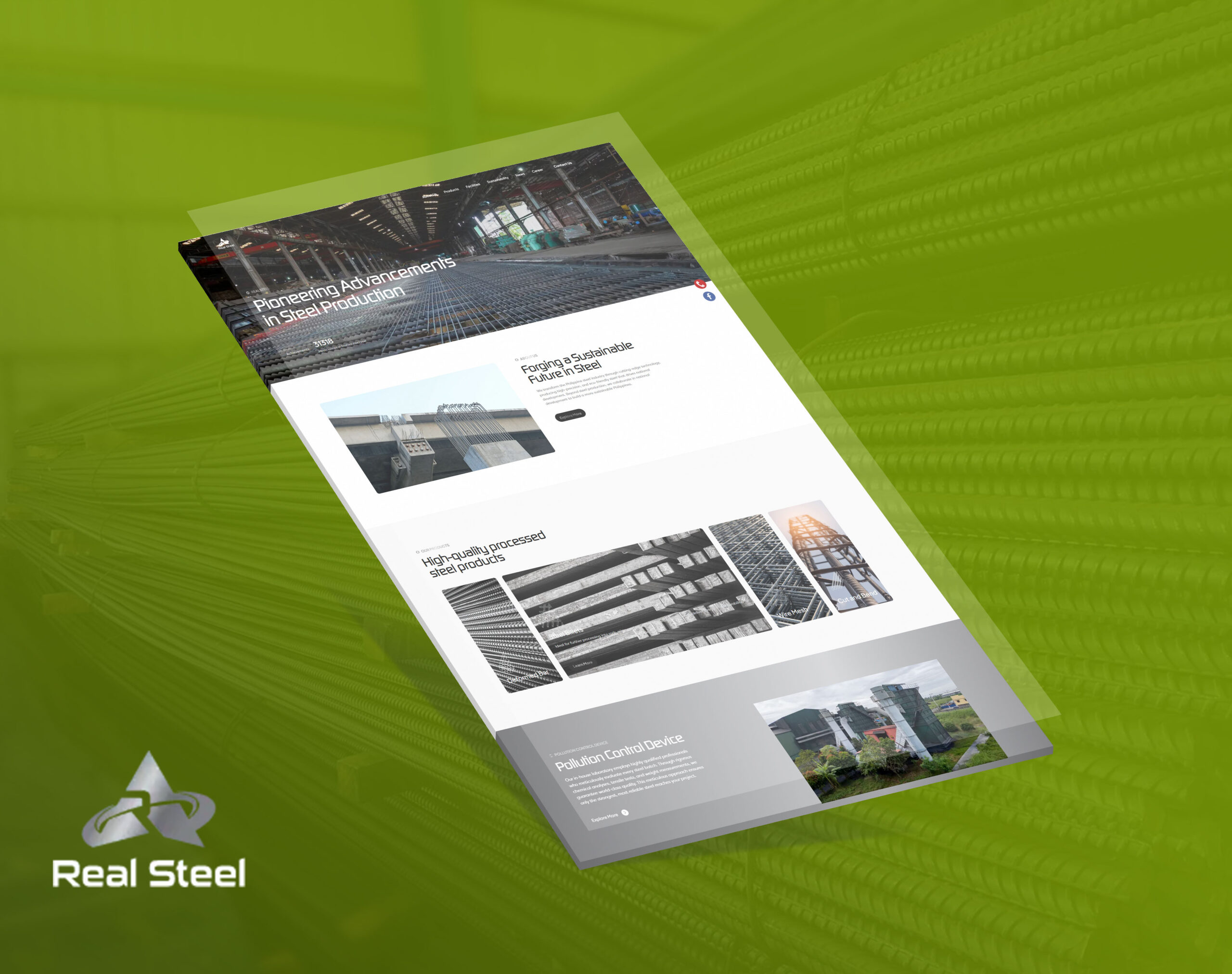 A slanted mockup of the Real Steel website against a green background showing sections on sustainable steel production, processed steel products, and pollution control.