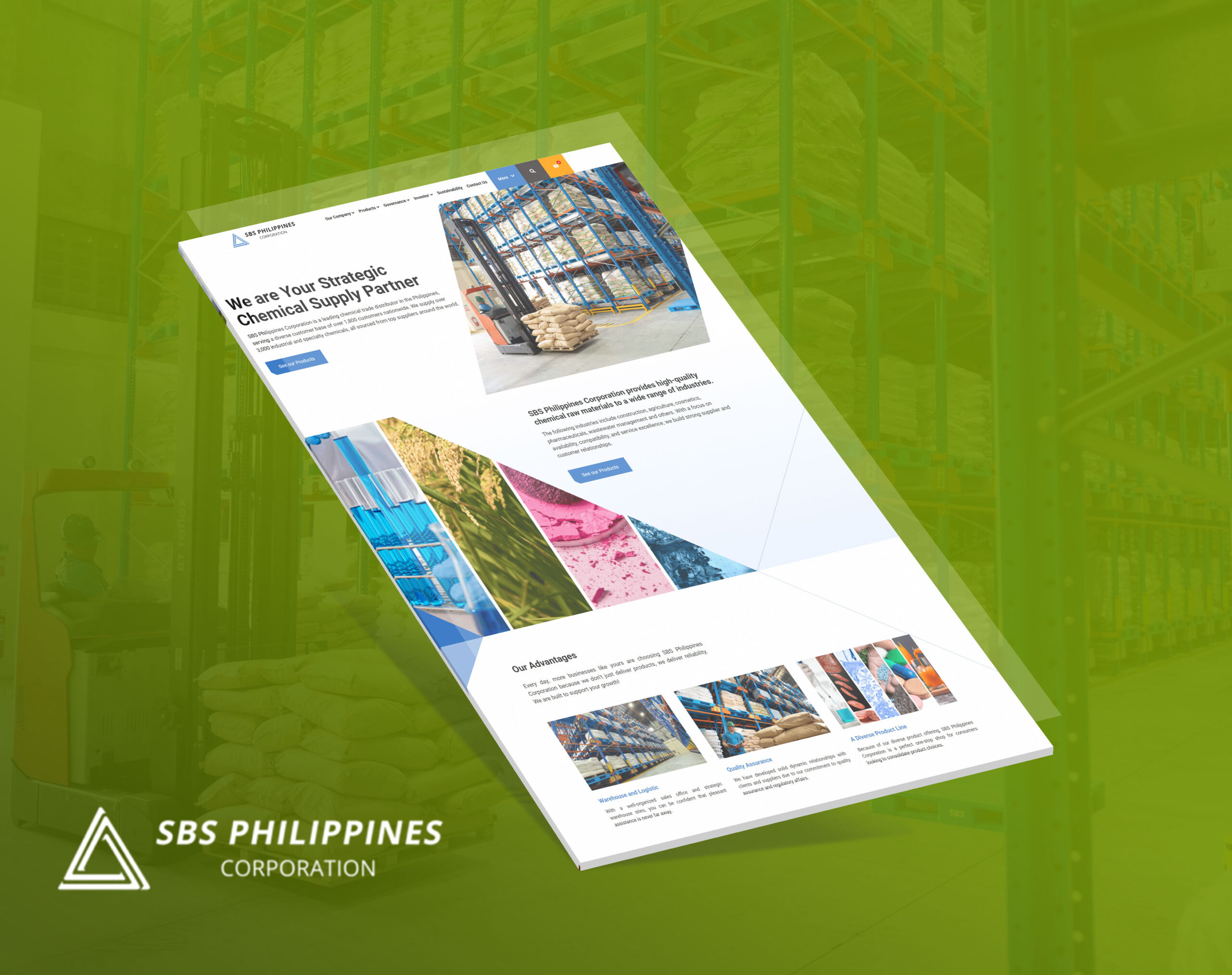 A angled view of the SBS Philippines Corporation website mockup displayed against a blurred warehouse background, showcasing text, product images, and company branding in a green and white color scheme.