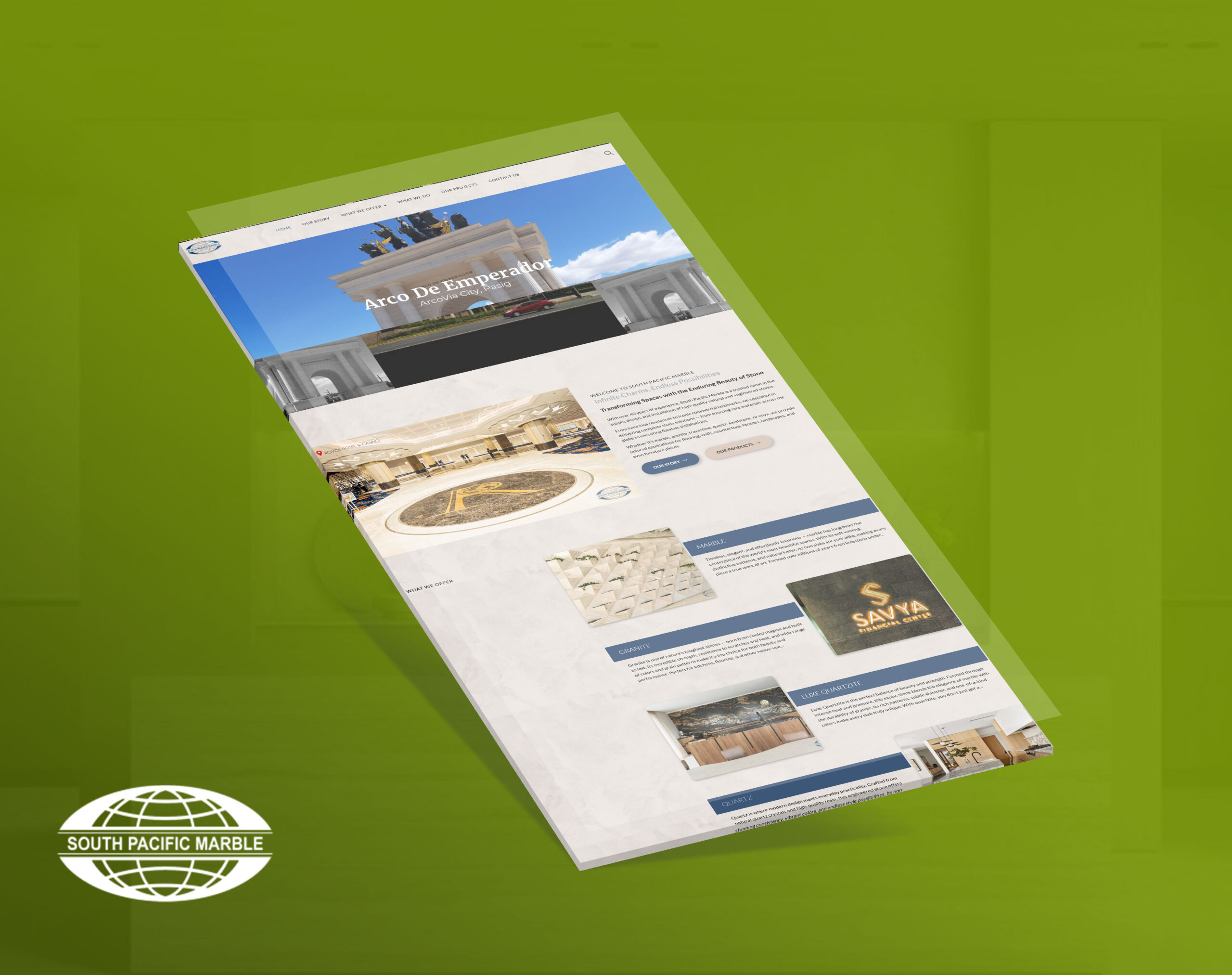 A mockup of the South Pacific Marble website displayed on a tilted, stacked layout against a green background, featuring a header with the Arco De Emperador, sections for Marble, Granite, Luxe Quartzite, and Quartz, and a logo at the bottom left.
