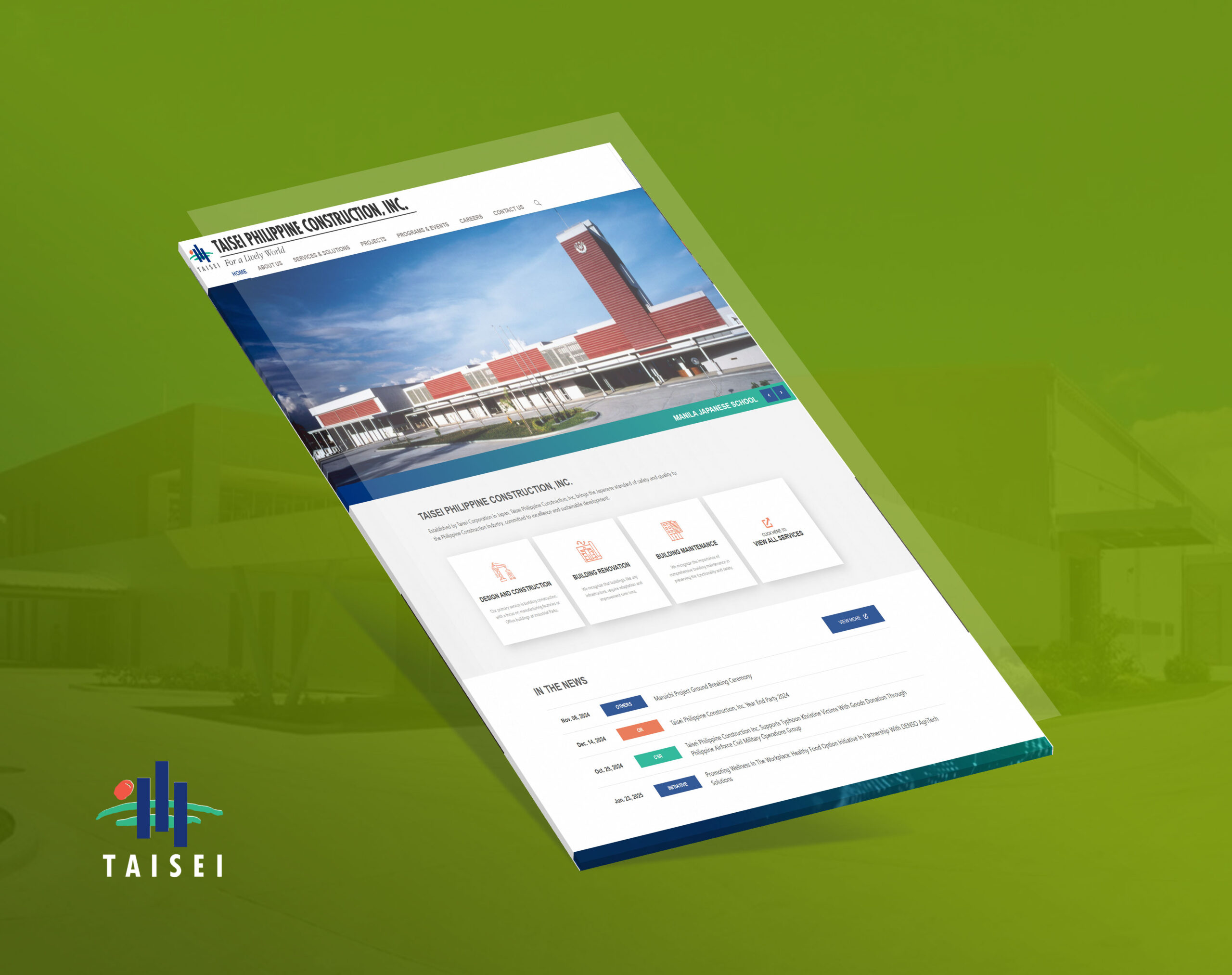 A tilted view of the homepage for Taisei Philippine Construction, Inc. on a green background.