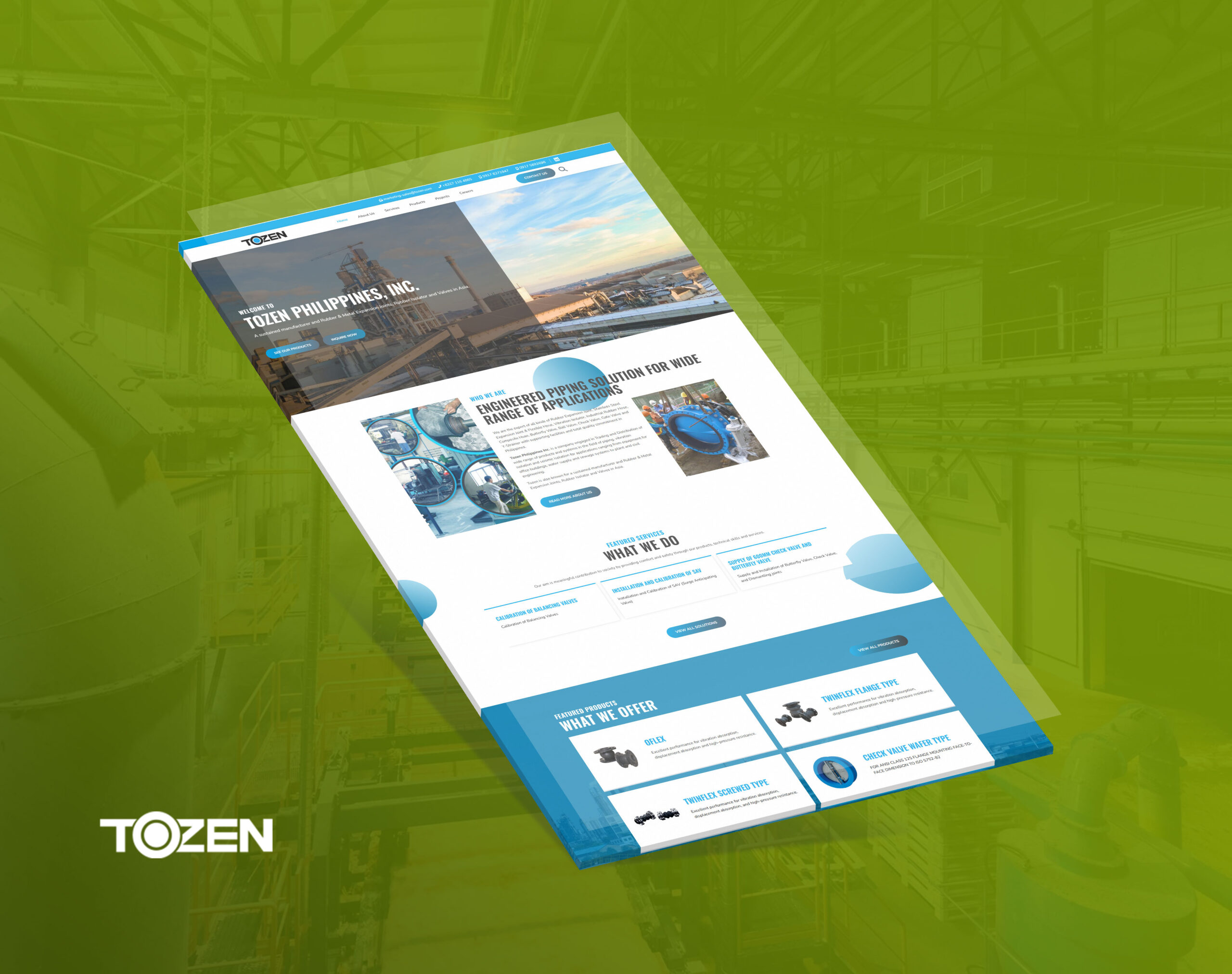 A website mockup for Tozen Philippines, Inc. displayed at an angle against a green industrial background, showcasing its homepage featuring engineered piping solutions and products.