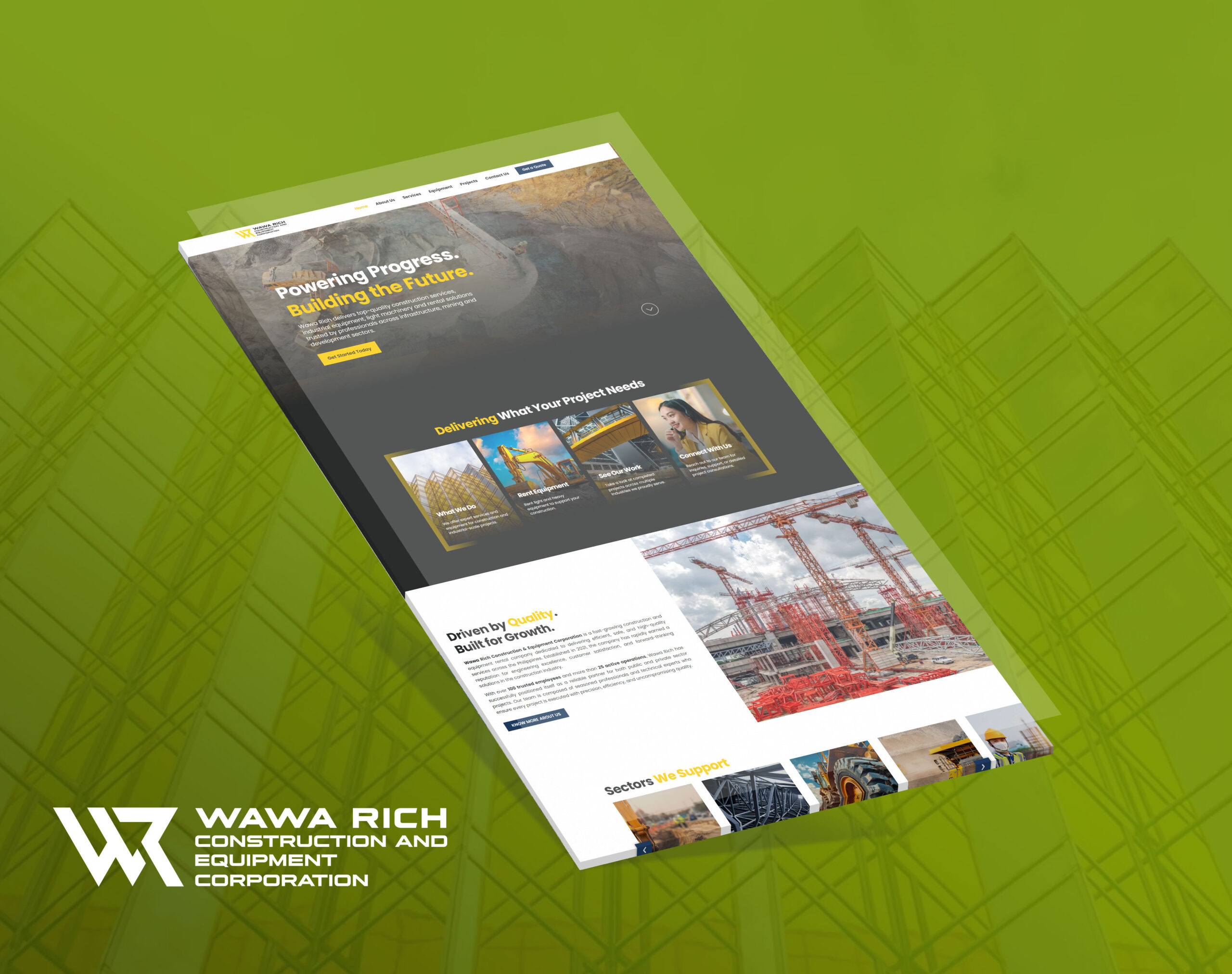 A tilted mockup of the Wawa Rich Construction and Equipment Corporation website against a green background, with the company's white logo in the bottom left corner.