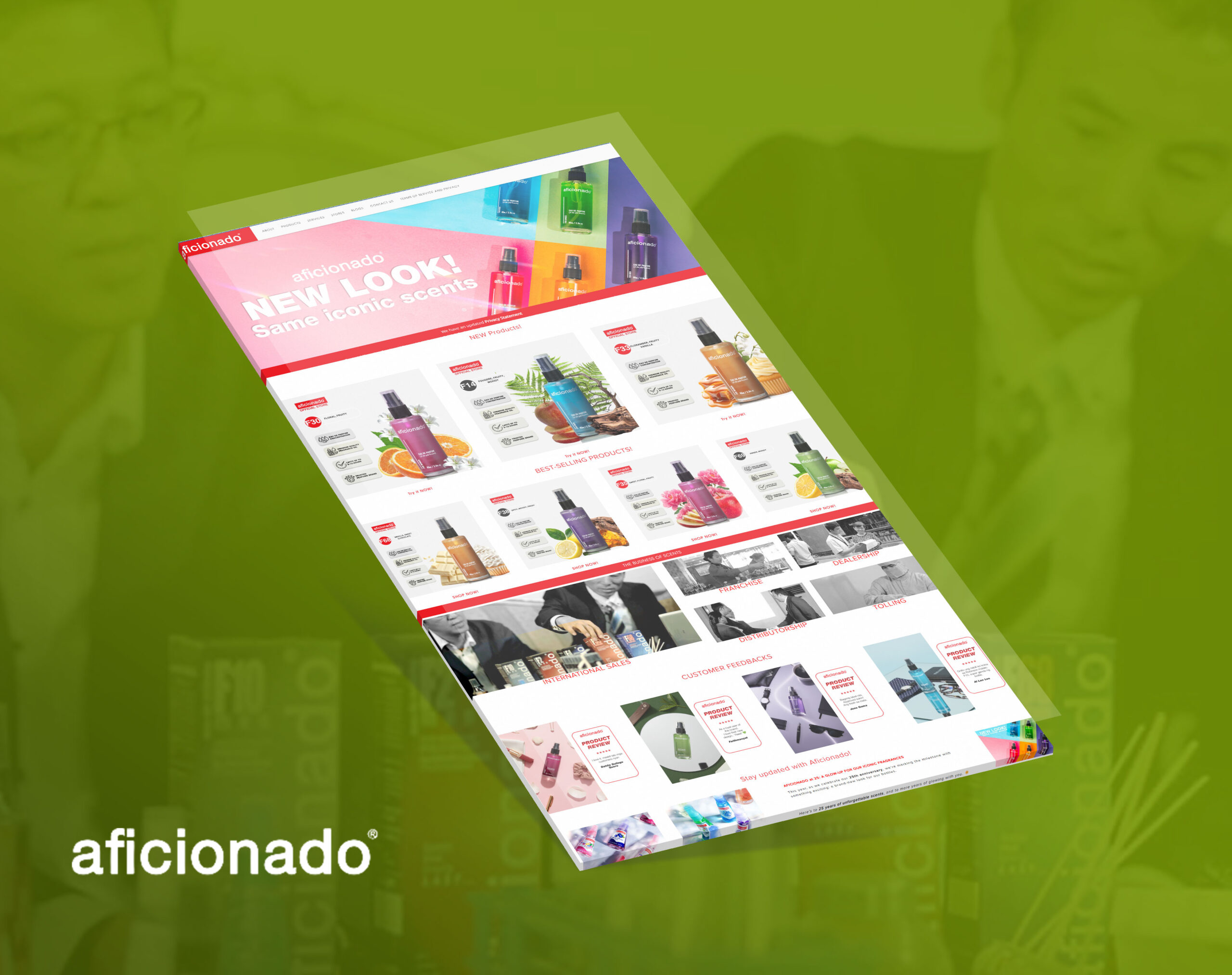 A tilted webpage mockup of the "aficionado" fragrance brand, showcasing its new look, best-selling products, and customer feedback.