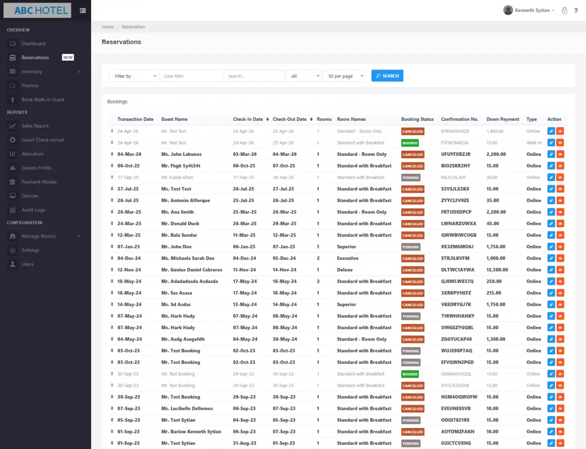 ABC Hotel reservation dashboard showing a table of bookings with details like guest name, dates, status, and payment information.