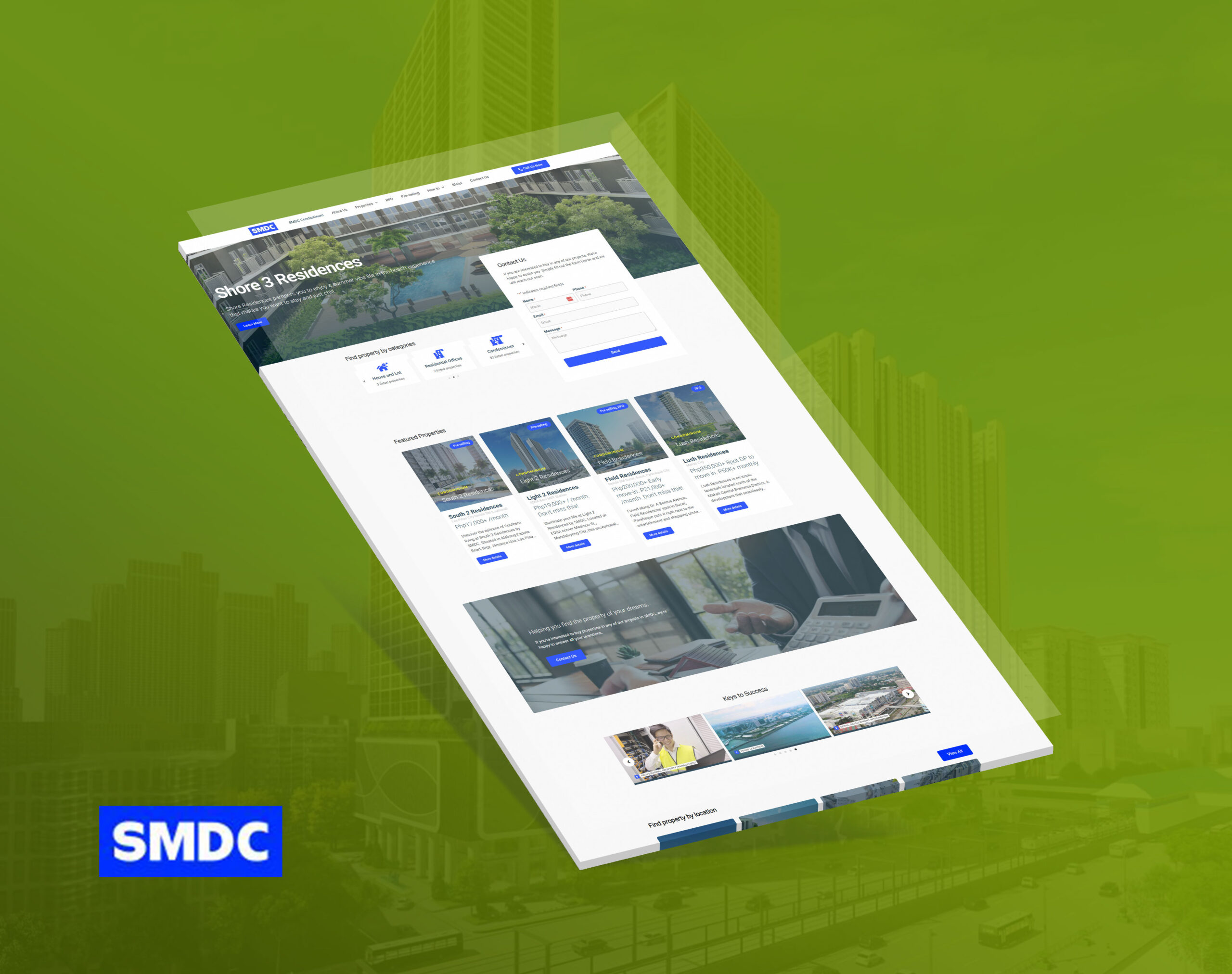 A tilted mockup of a website for SMDC condominiums against a green city skyline background.