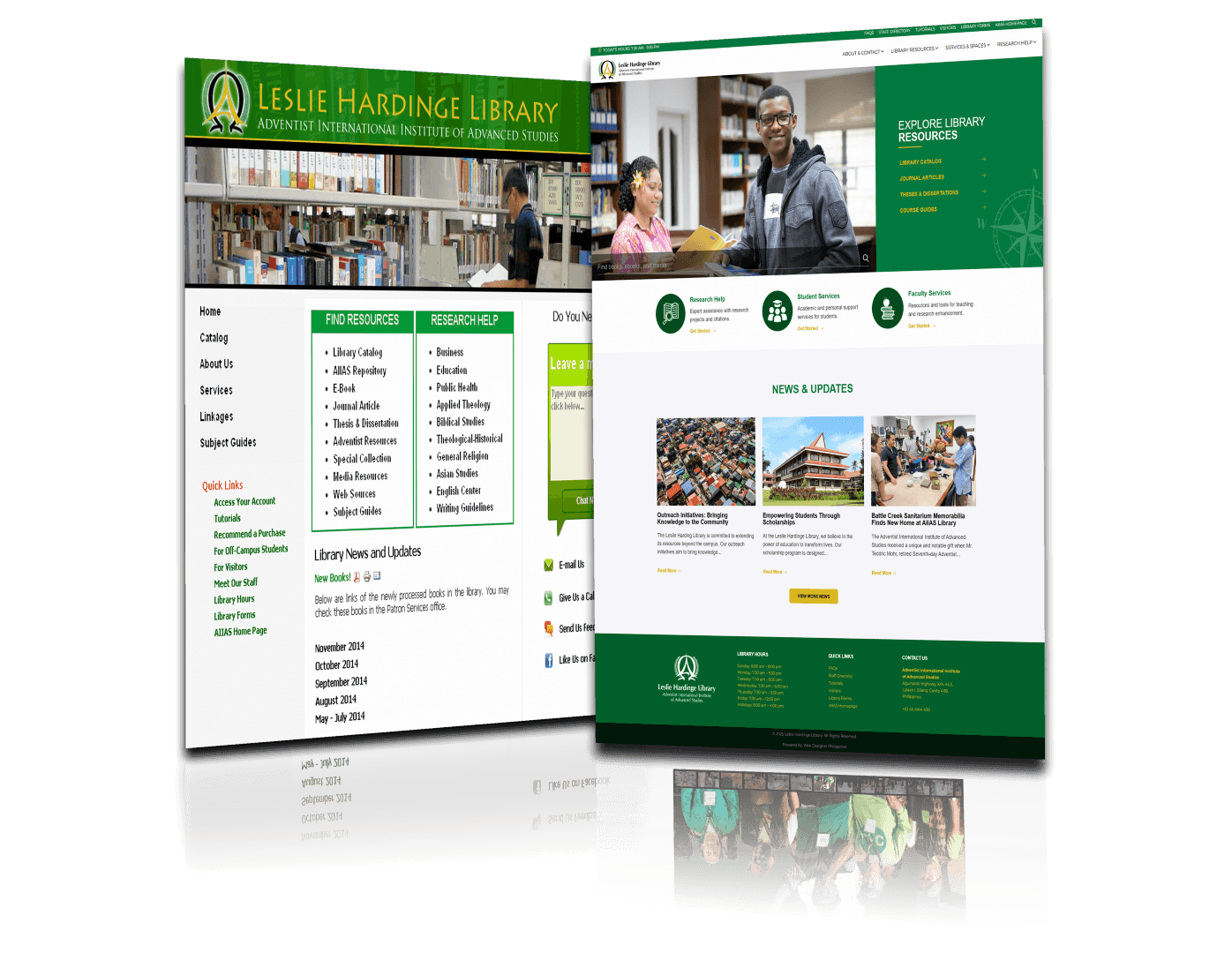 A mockup of the Leslie Hardinge Library website showing its homepage with navigation links, library resources, news and updates, and contact information.