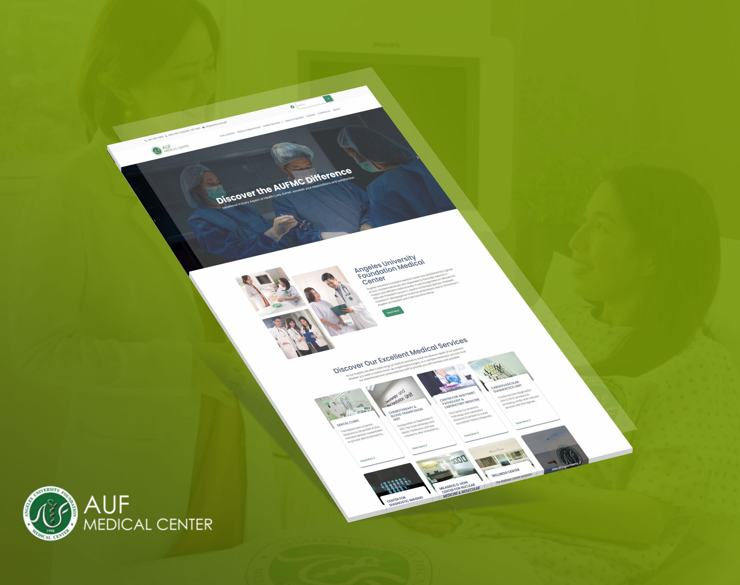 A slanted laptop screen displays the homepage of the AUF Medical Center website against a blurred green background.