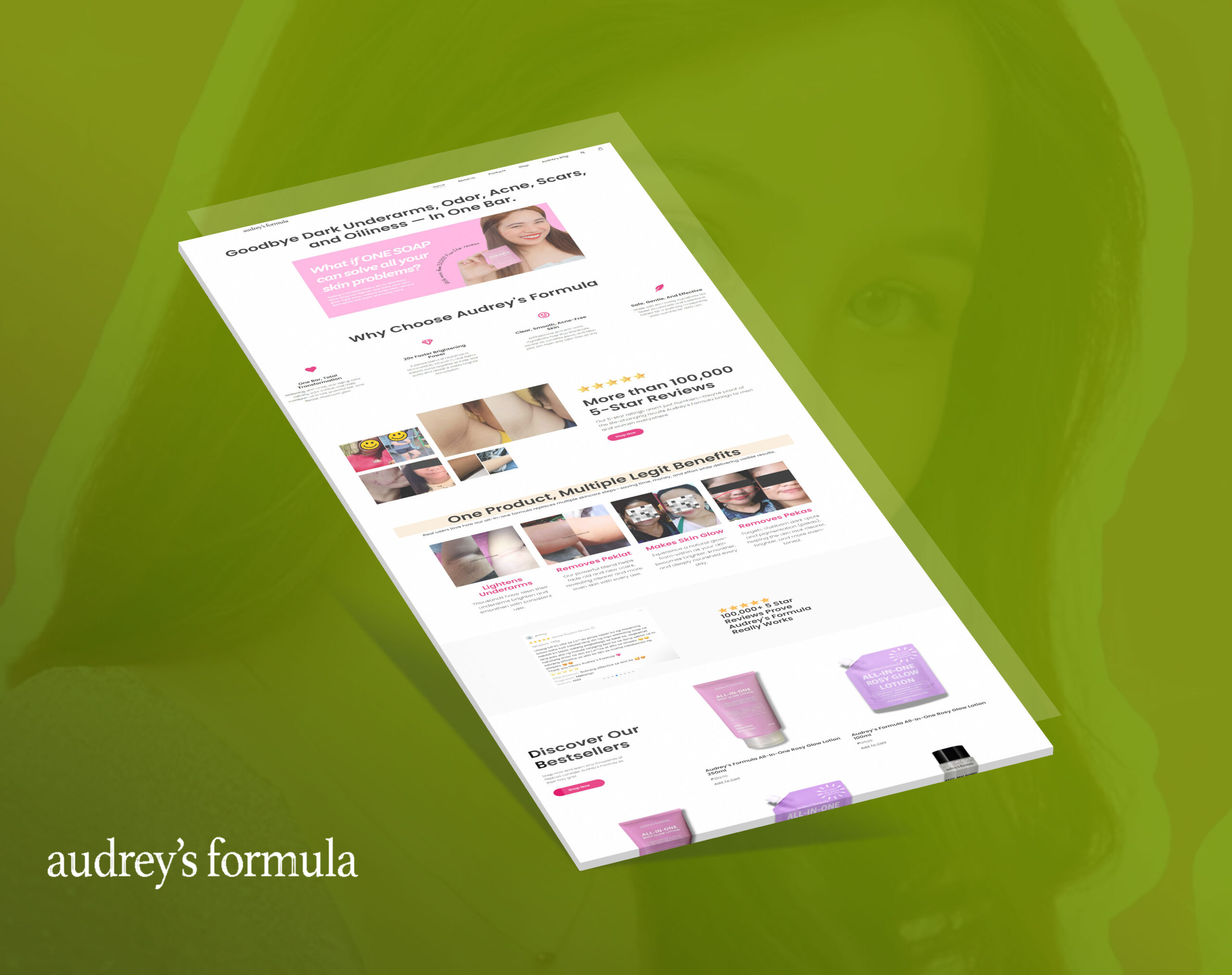 A tilted mockup of the Audrey's Formula skincare e-commerce website showing product benefits, customer reviews, and bestsellers against a green background.
