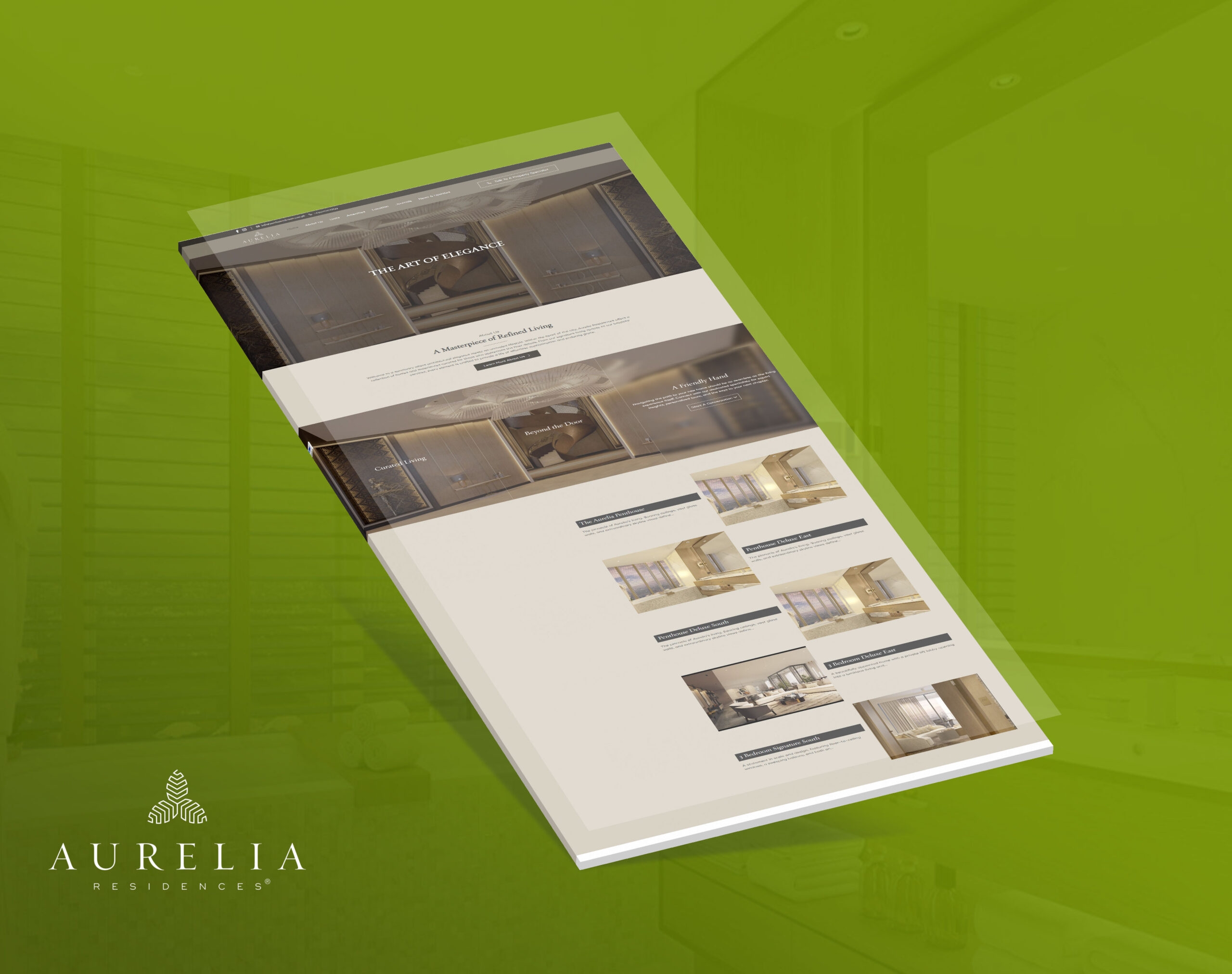 A screenshot of Aurelia Residences' website displayed diagonally on a green background.
