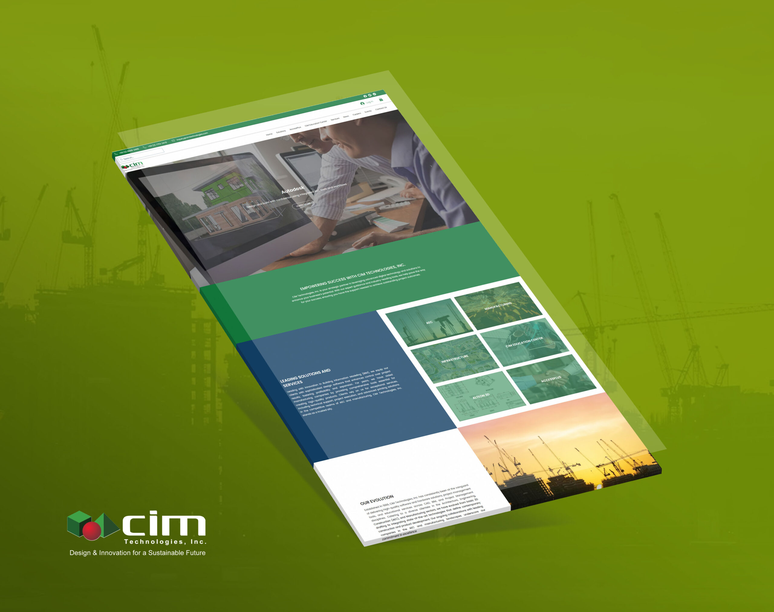 A tilted mockup of the CIM Technologies website homepage is shown against a green background with construction cranes, featuring a top navigation bar, a banner with two people looking at a laptop, a section about leading solutions, a grid of service categories, and a footer at the bottom.