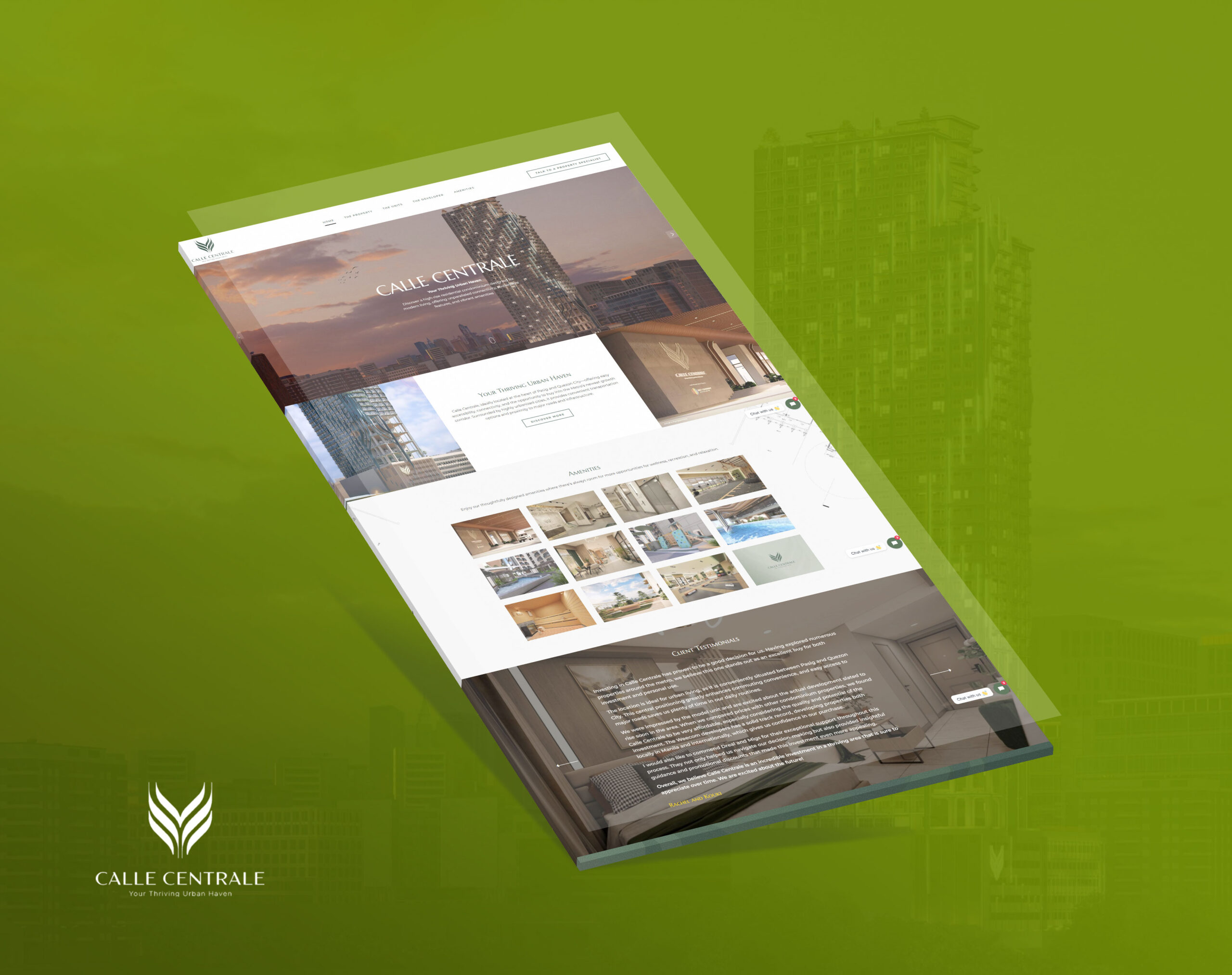 Mockup of the Calle Centrale website displayed at an angle against a green background, showcasing the homepage with a property rendering, amenities, and client testimonials.